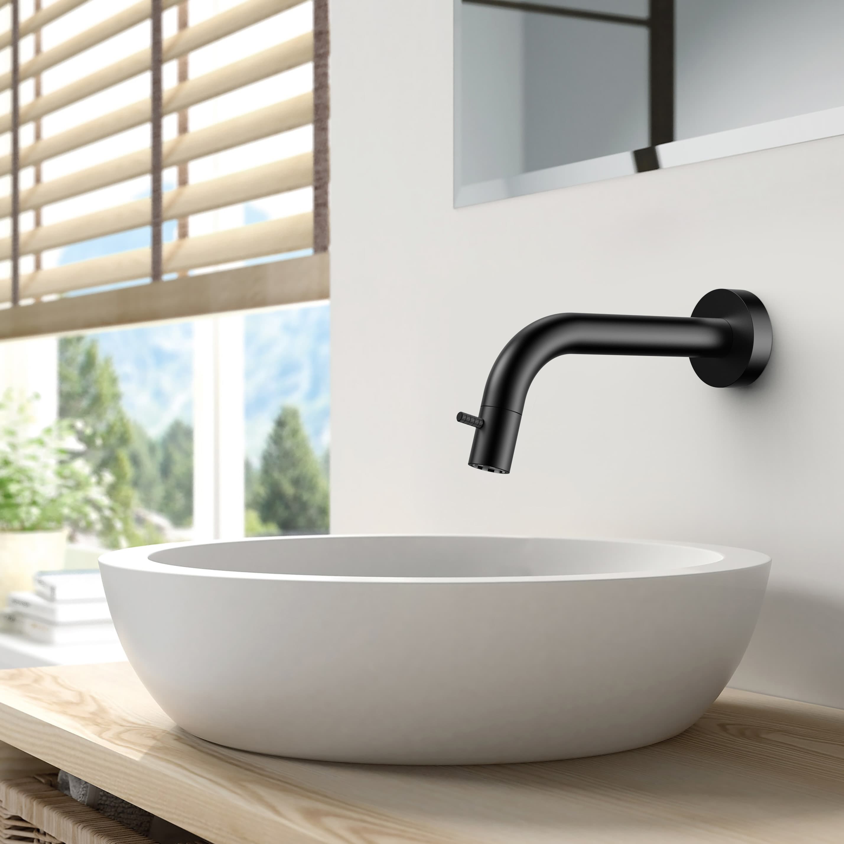 Stria robinet eau froide – montage mural – raccourcissable – bouton avec structure striée raffinée – sans bonde – Noir mat (pvd)