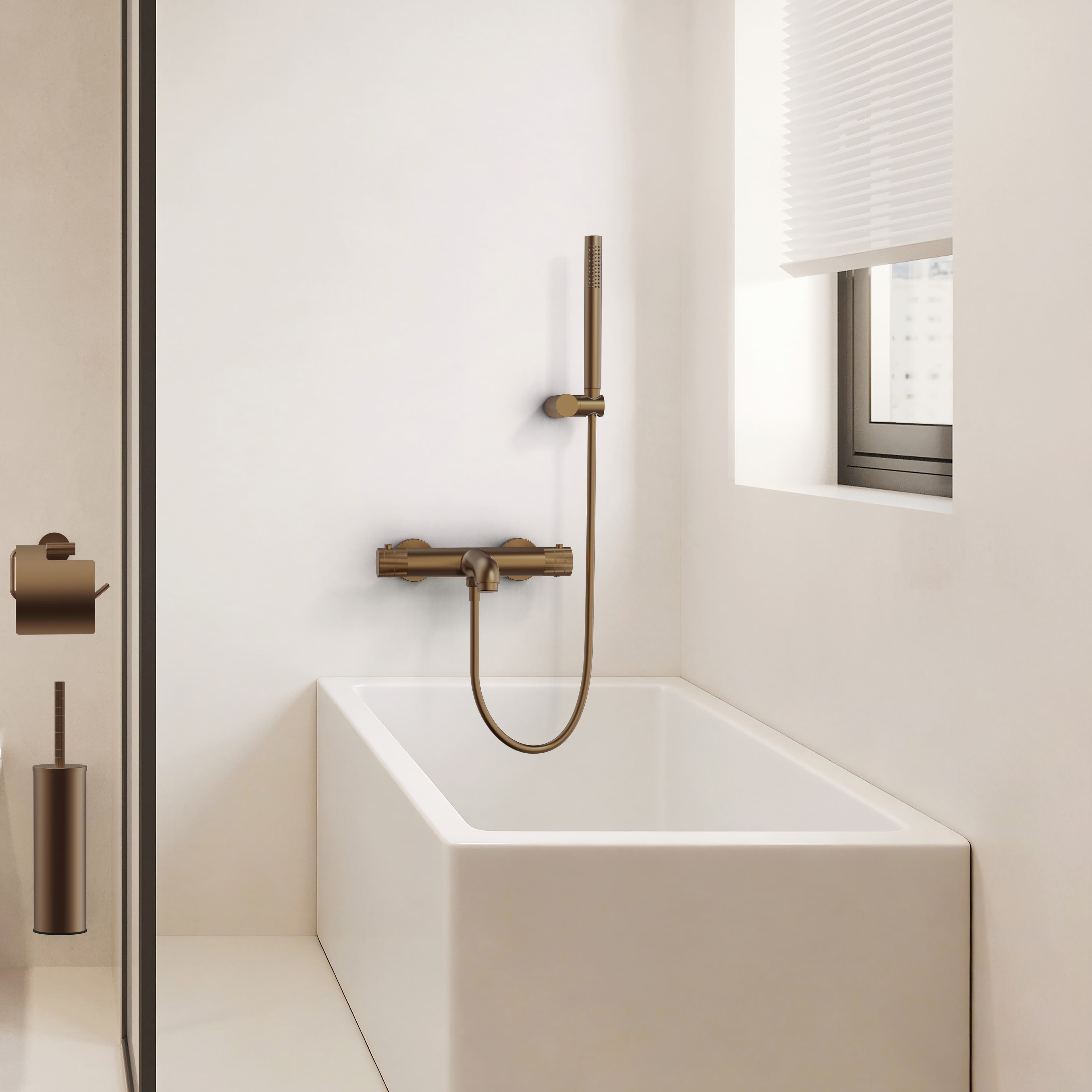 STRIA thermostatic bath mixer – wall‑mount – buttons with striated finish – BELGAQUA – bronze brushed (PVD)