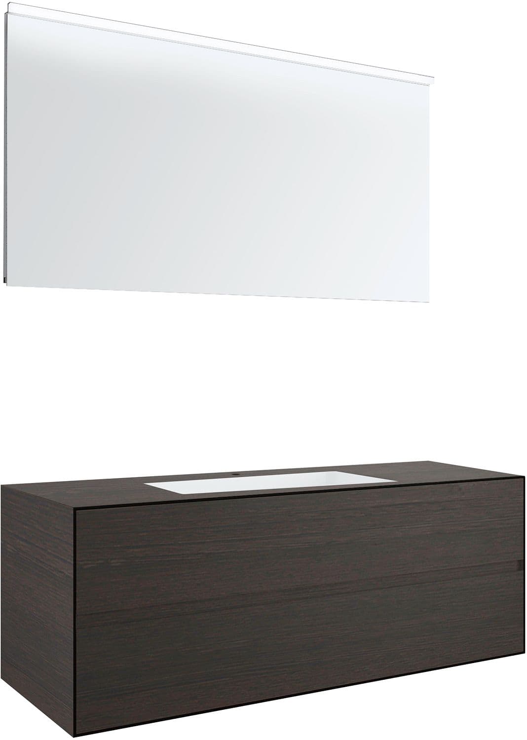 MEUBLE 2 TIROIRS+ LAVABO SOUS ENCASTRER CENTRAL TENSO 140CM +TROU ROBINET WENGE AVEC MIROIR