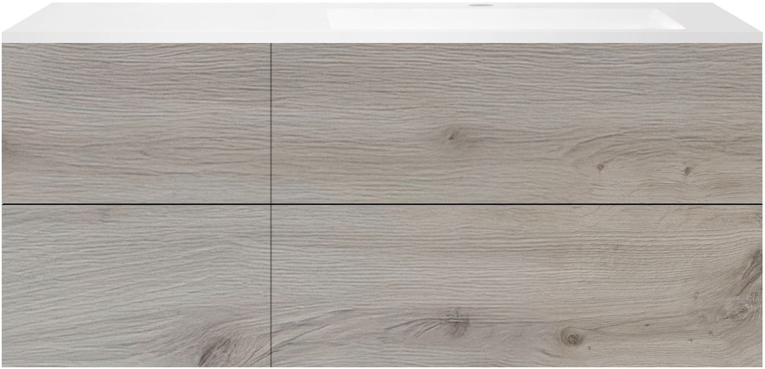 SOUS MEUBLE COFFEE 4 TIROIRS 140 CHENE ARGENT+LAVABO DROITE EN MARBRE SYNTHETIQUE BLANC MAT