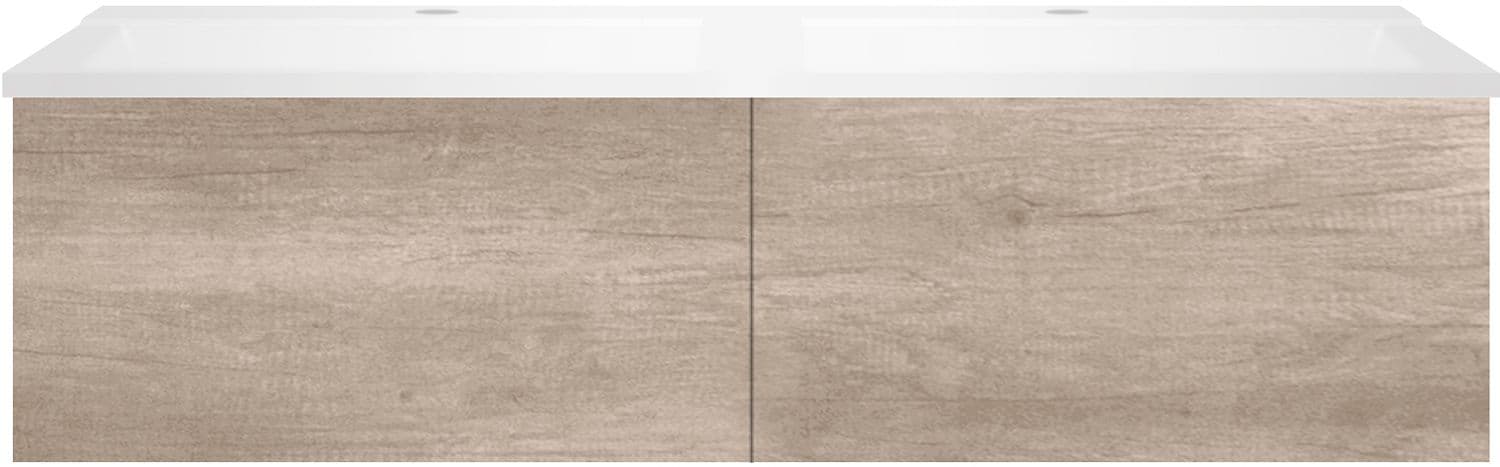 SOUS MEUBLE COFFEE 2 TIROIRS 120 DUO CHENE DECOR FLANELLE +DOUBLE LAVABO BLANC MAT