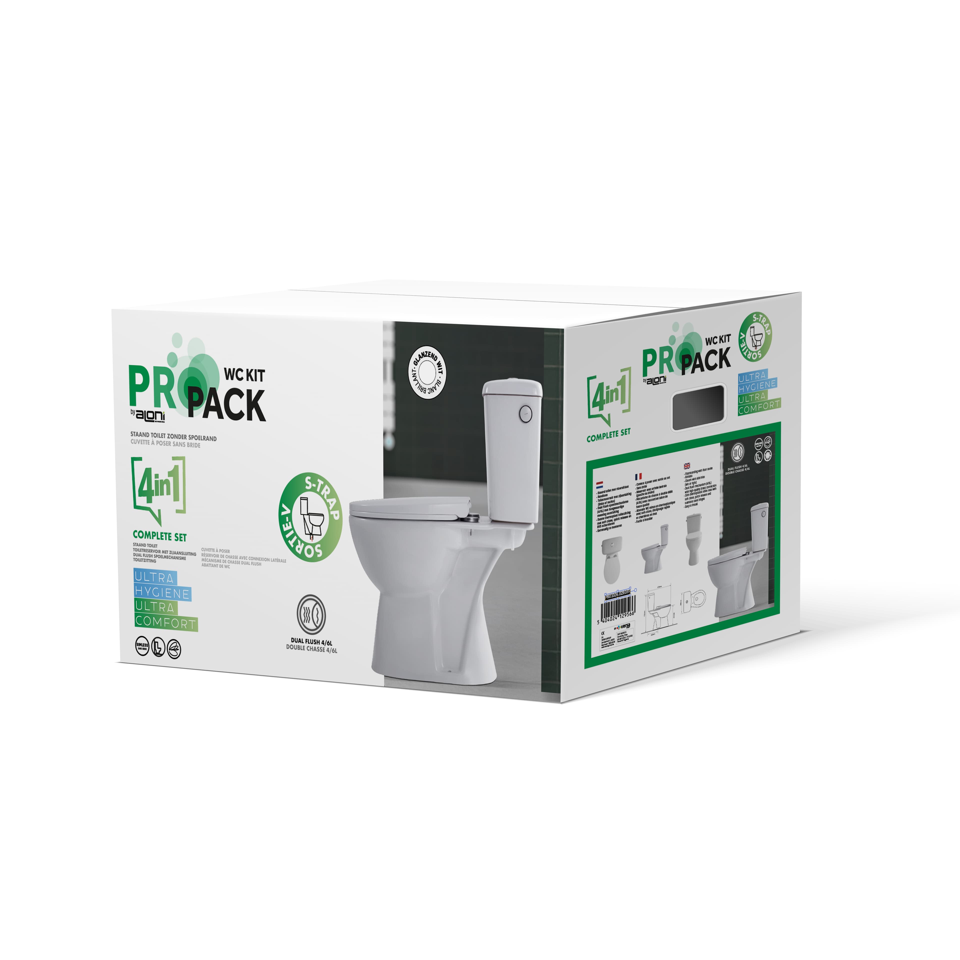 ALONI PRO DUOBLOK - CUVETTE À POSER - SANS BRIDE - S-TRAP - SORTIE VERTICALE - AVEC RÉSERVOIR - AVEC MÉCANISME DE CHASSE 4/6L - DOUBLE CHASSE - AVEC ABATTANT - SOFTCLOSE - QUICK RELEASE - 39X73X67 CM - BLANC
