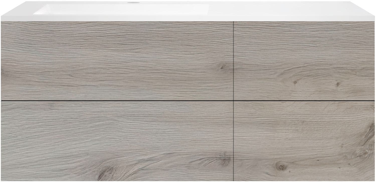 SOUS MEUBLE COFFEE 4 TIROIRS 140 CHENE ARGENT+LAVABO GAUCHE EN MARBRE SYNTHETIQUE BLANC MAT