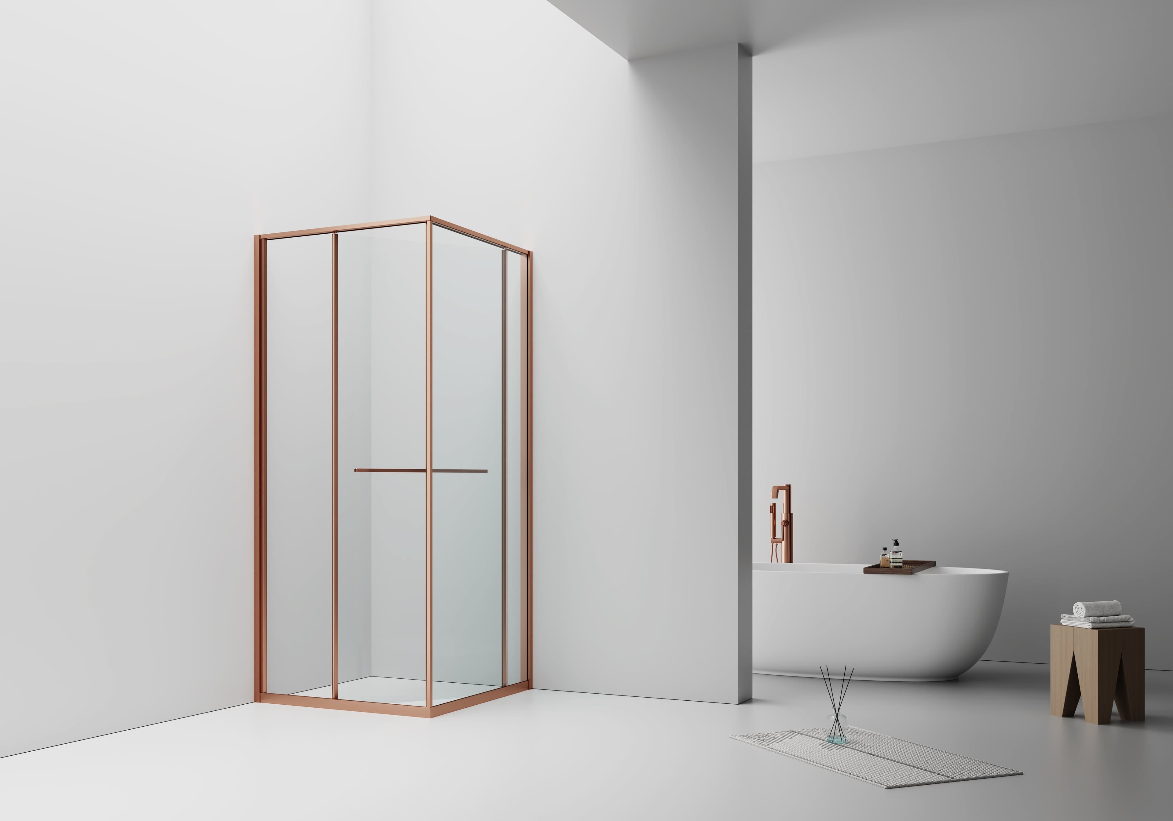 ALONI CABINE DE DOUCHE INSLIDE – PORTE COULISSANTE INTÉRIEURE ET PAROI LATÉRALE – GAIN DE PLACE – RÉVERSIBLE – VERRE DE SÉCURITÉ 6?MM – 90X90X200?CM – CUIVRE?BROSSÉ – VERRE CLAIR