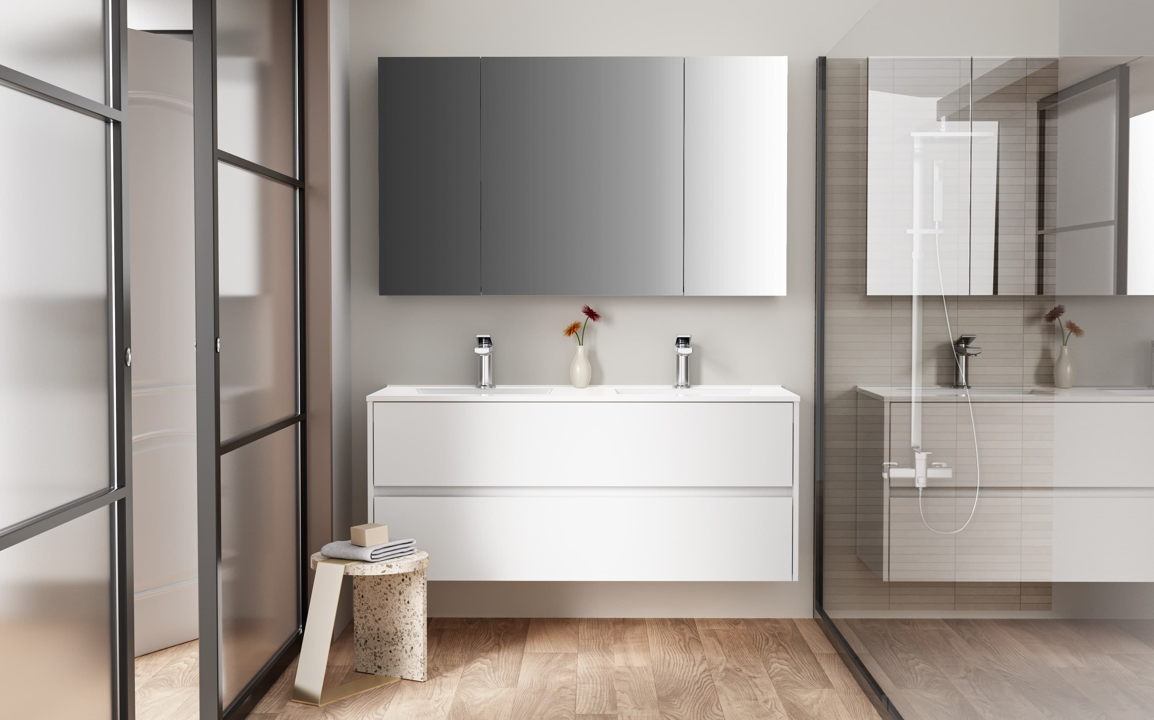 Hayat Armoire miroir - 3 portes miroirs asymétriques, à un seul côté - 6 étagères réglables en hauteur - 120X70X15 cm - blanc brillant