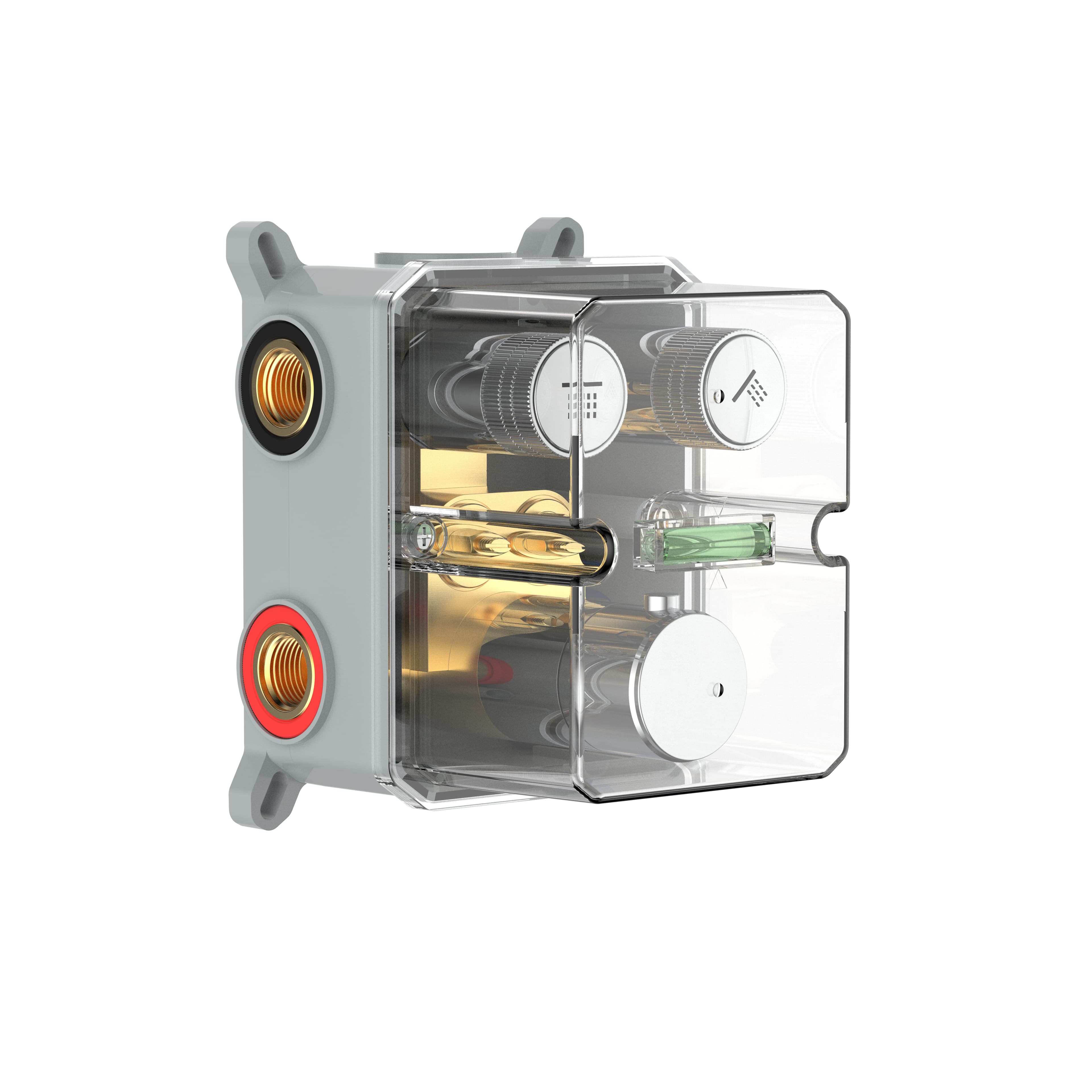 STRIA DOUCHEMENGKRAAN - 2 WEG - THERMOSTATISCH - DRUKNOPPEN MET VERFIJNDE RIBBELSTRUCTUUR - MET INBOUWBOX EN AFBOUWDEEL - RECHTHOEKIG - BELGAQUA - BRUIN BRONS (PVD)