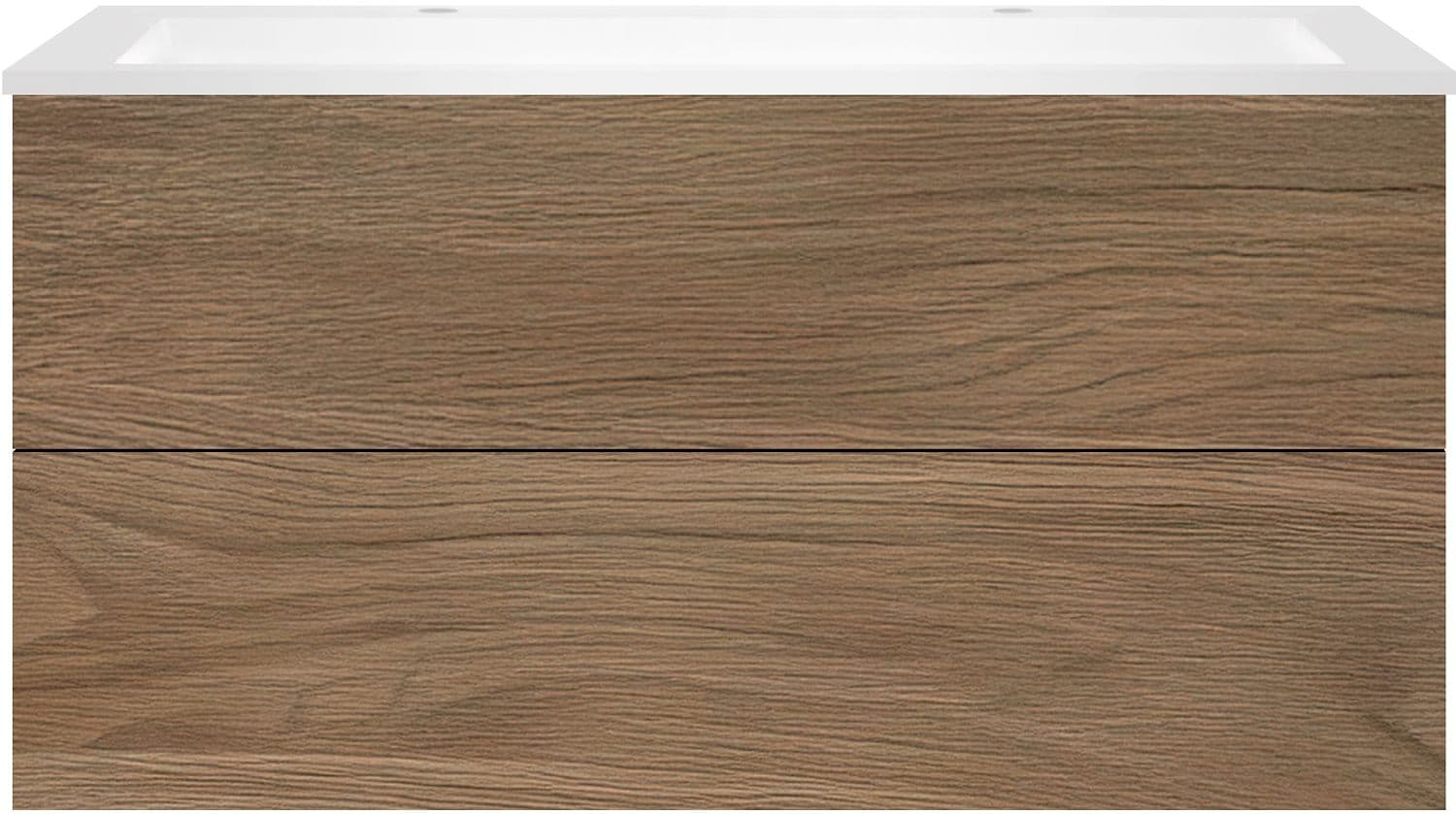 SOUS MEUBLE COFFEE 2 TIROIRS 120 CHENE CARAMELLE+LAVABO 2 TROUS ROBINET EN MARBRE SYNTHETIQUE BL.M