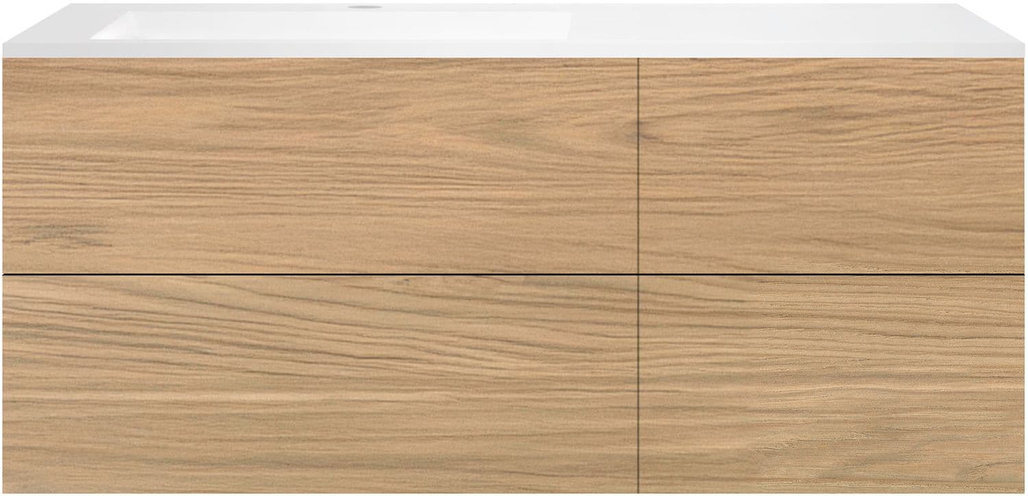 SOUS MEUBLE COFFEE 4 TIROIRS 140 CHENE CLASSIQUE +LAVABO GAUCHE EN MARBRE SYNTHETIQUE BLANC MAT