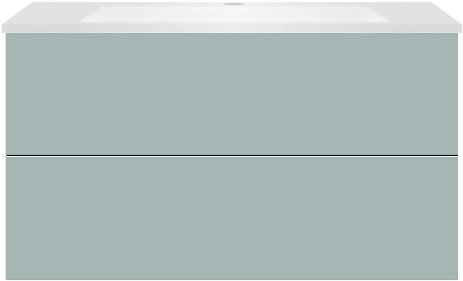 SOUS MEUBLE COFFEE 2 TIROIRS 100 BLEU AZUR DOUX MAT+LAVABO EN MARBRE SYNTHETIQUE BLANC MAT