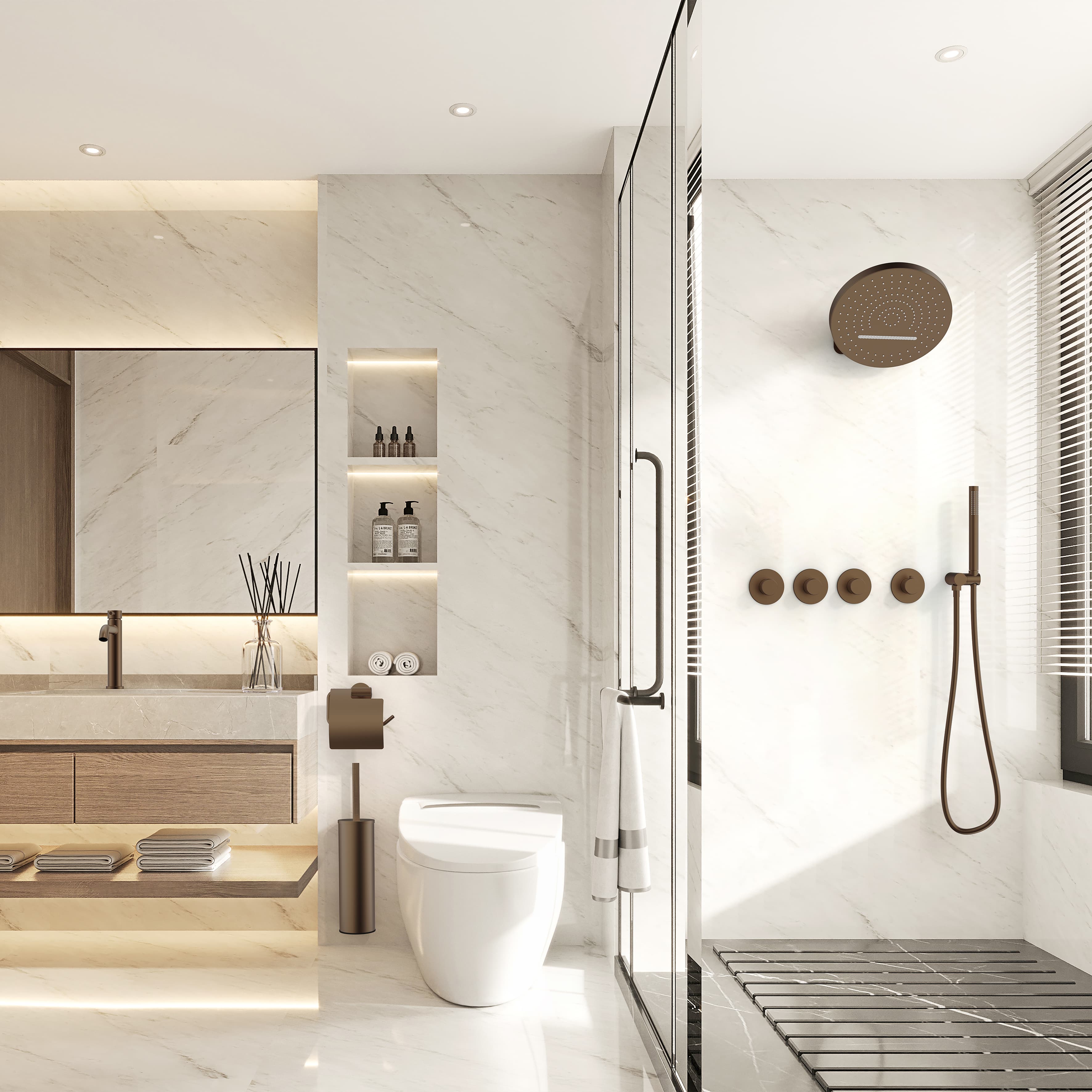 Stria élément de finition pour Mitigeur de douche – 3 voies avec 3 robinets d’arrêt – thermostatique – encastré – ronde – boutons S avec structure striée raffinée – brun bronzé (PVD)