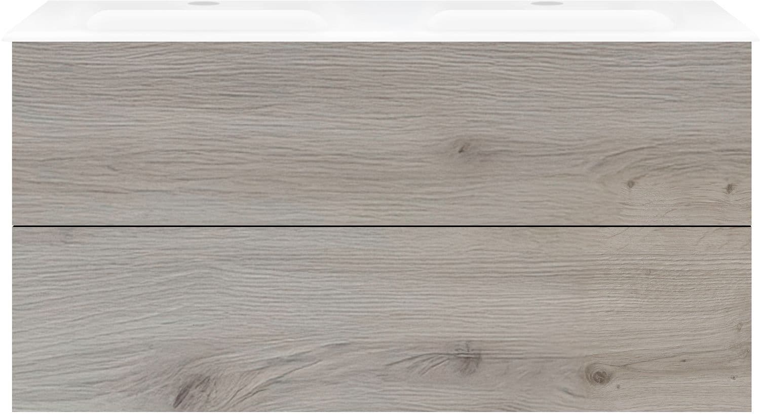 SOUS MEUBLE COFFEE 2 TIROIR 120 DUO CHENE ARGENT + DOUBLE LAVABO EN PORCELAINE BLANC