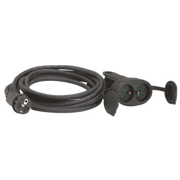 Cordon double prolongueur 10m 2 pôles + T - 16A - IP44 - IK08 - Noir