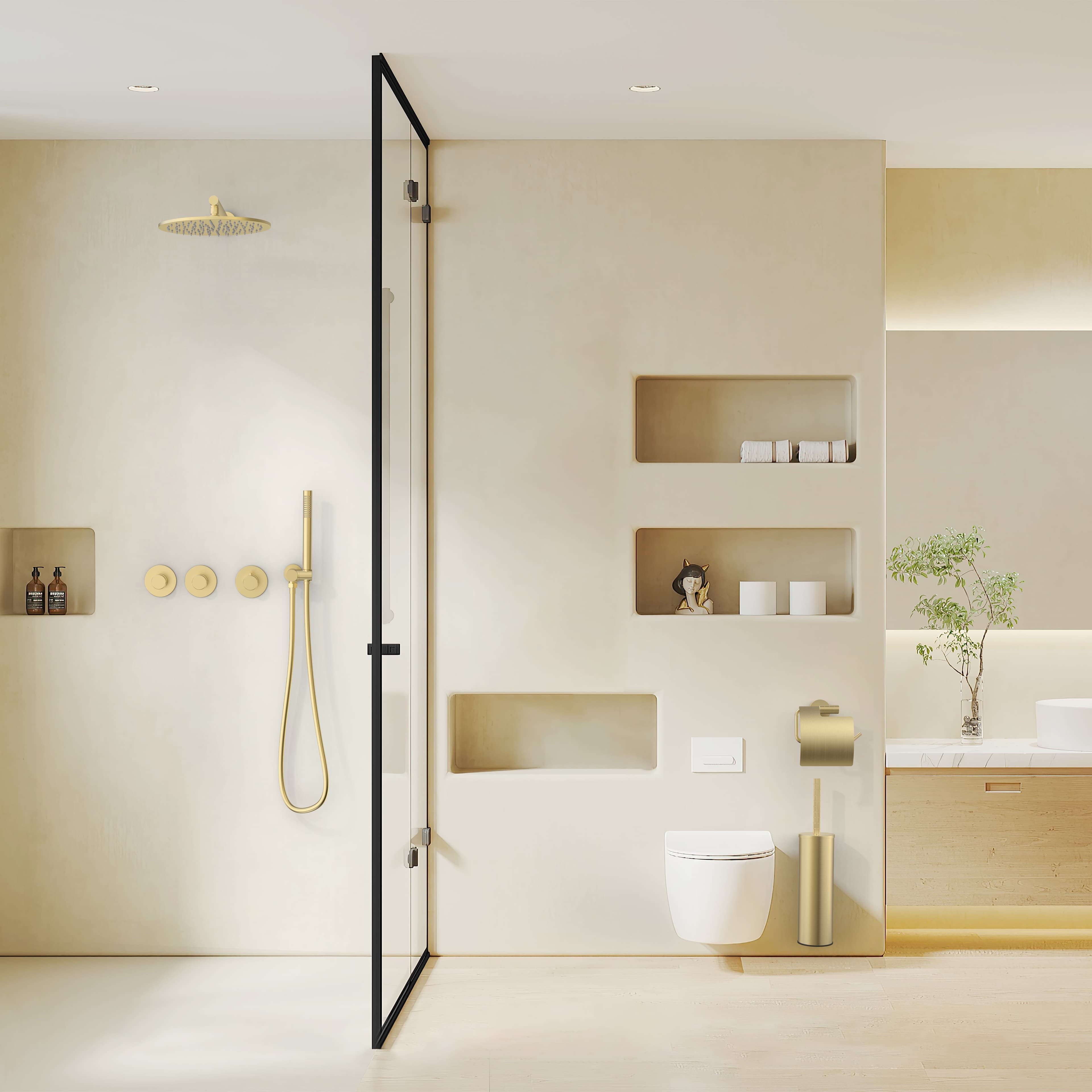 STRIA ÉLÉMENT DE FINITION POUR MITIGEUR DE DOUCHE – 2 VOIES AVEC 2 ROBINETS D’ARRÊT – THERMOSTATIQUE – ENCASTRÉ – RONDE – BOUTONS S AVEC STRUCTURE STRIÉE RAFFINÉE – OR BROSSÉ (PVD)