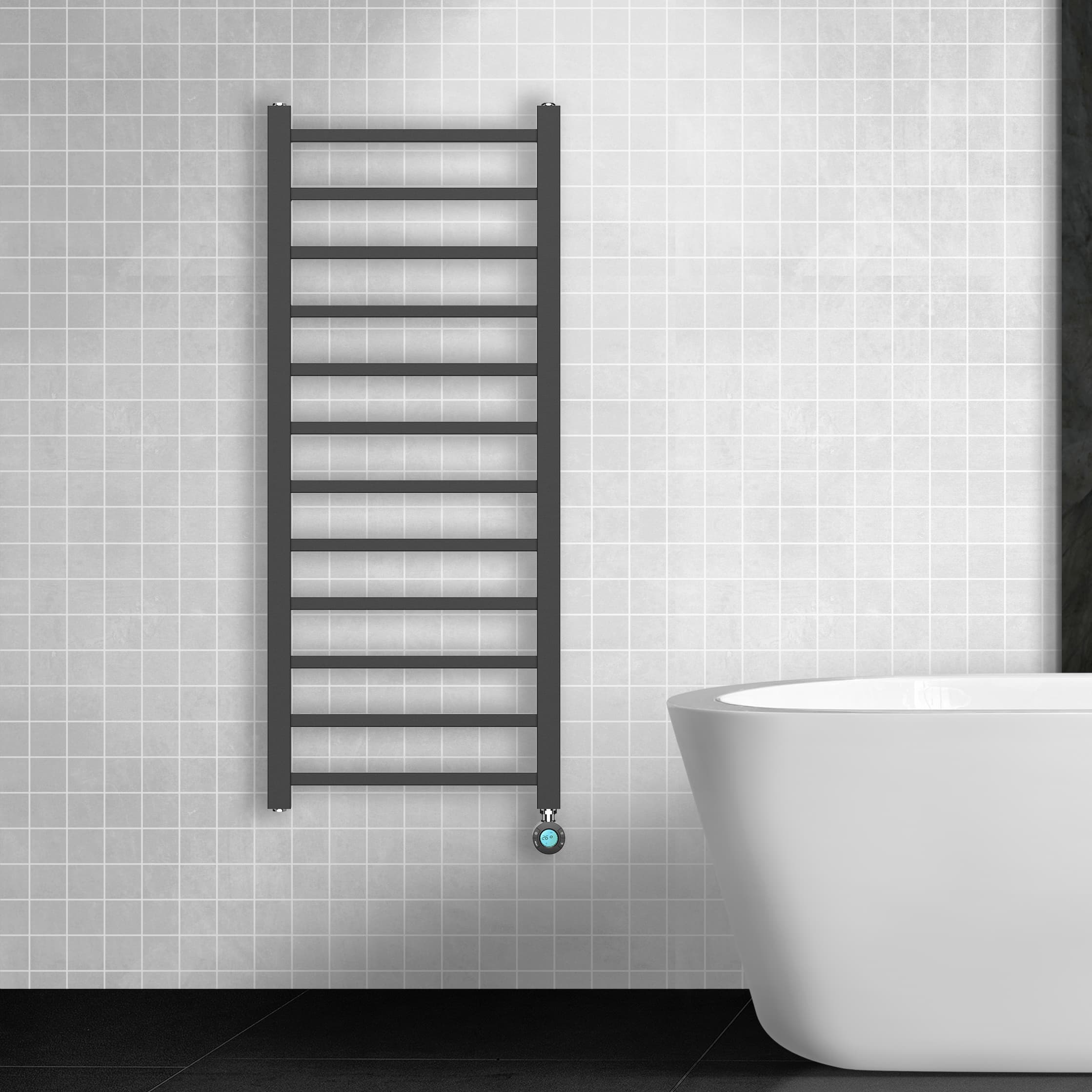 BELRAD SÈCHE-SERVIETTES ÉLECTRIQUE – AVEC THERMOSTAT NUMÉRIQUE PROGRAMMABLE – RACCORD À DROITE – 551W – 1600X500 MM – NOIR MAT