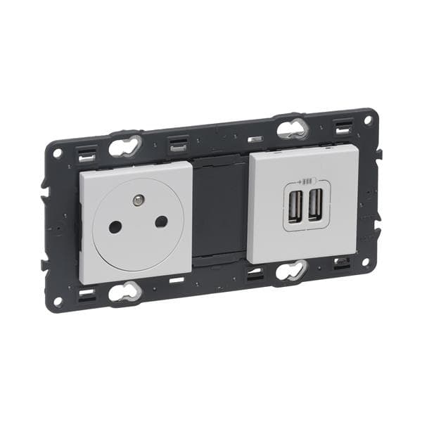Valena prise 2 pôles + T + double Usb appareil complet Blanc à vis