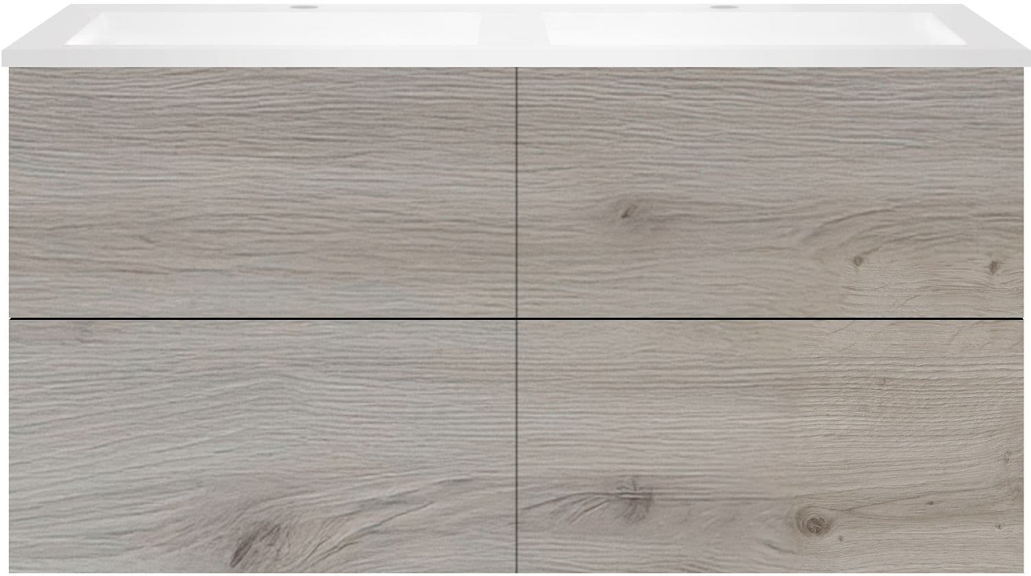 SOUS MEUBLE COFFEE 4 TIROIRS 120 DUO CHENE ARGENT +DOUBLE LAVABO EN MARBRE SYNTHETIQUE BLANC MAT