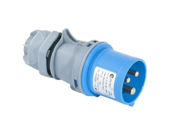 Fiche CEE mâle 3 pôles + T 16A 200 - 250Vac 9h Bleu IP44 avec raccords à visser