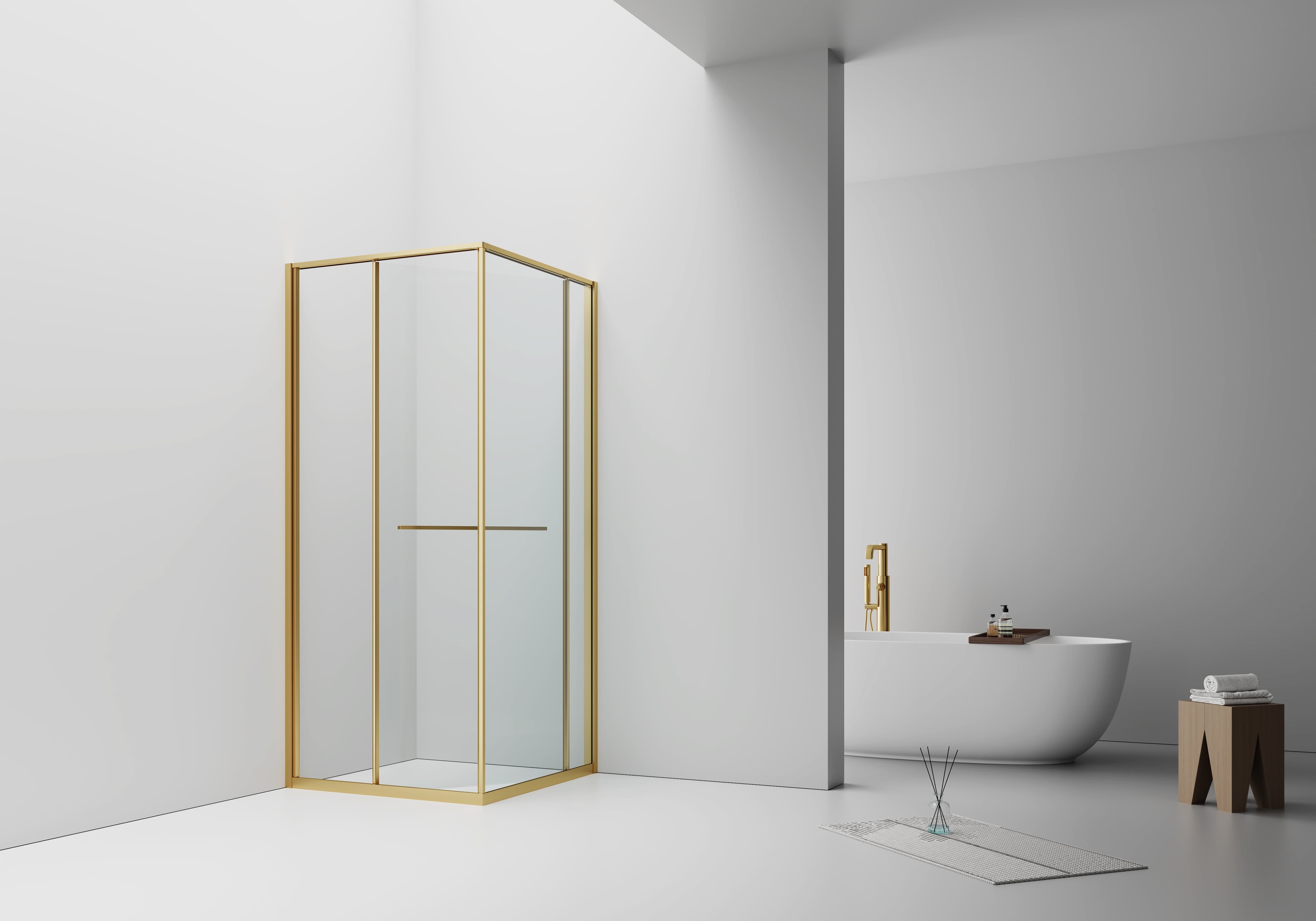 ALONI CABINE DE DOUCHE INSLIDE – PORTE COULISSANTE INTÉRIEURE ET PAROI LATÉRALE – GAIN DE PLACE – RÉVERSIBLE – VERRE DE SÉCURITÉ 6?MM – 90X90X200?CM – OR?BROSSÉ – VERRE CLAIR
