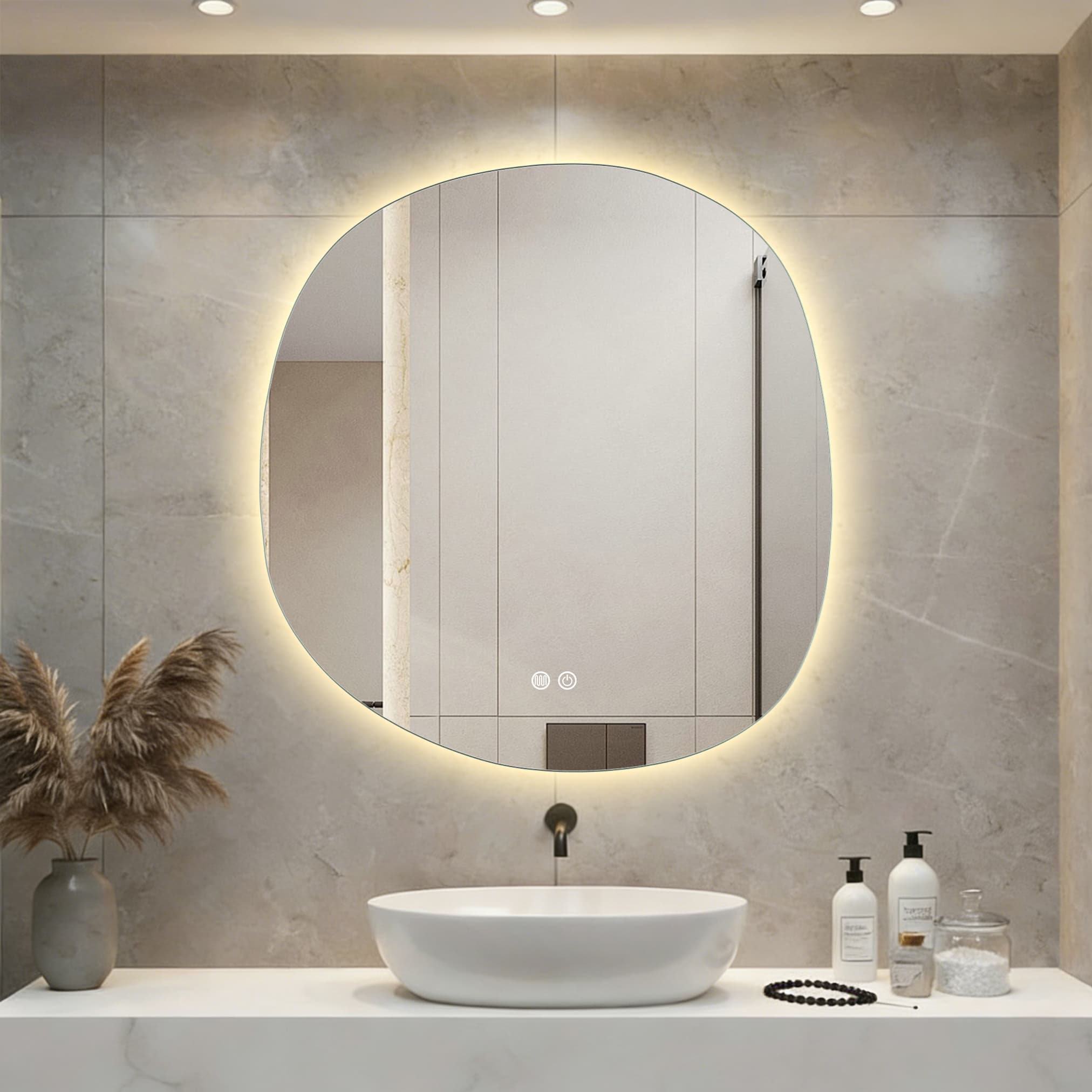 ALONI pebble miroir - avec éclairage Led - forme organique - sans cadre - anti-buée - température de couleur Led 3000-6000K - dimmable - 80X85CM