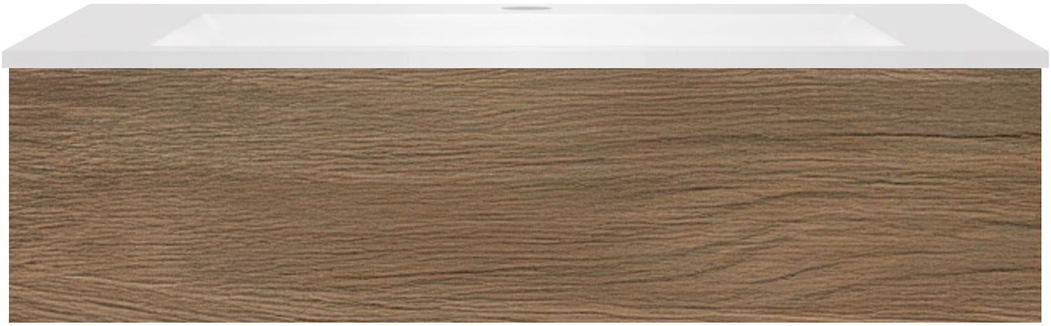 SOUS MEUBLE COFFEE 1 TIROIR 120 CHENE CARAMELLE+LAVABO EN MARBRE SYNTHETIQUE BLANC