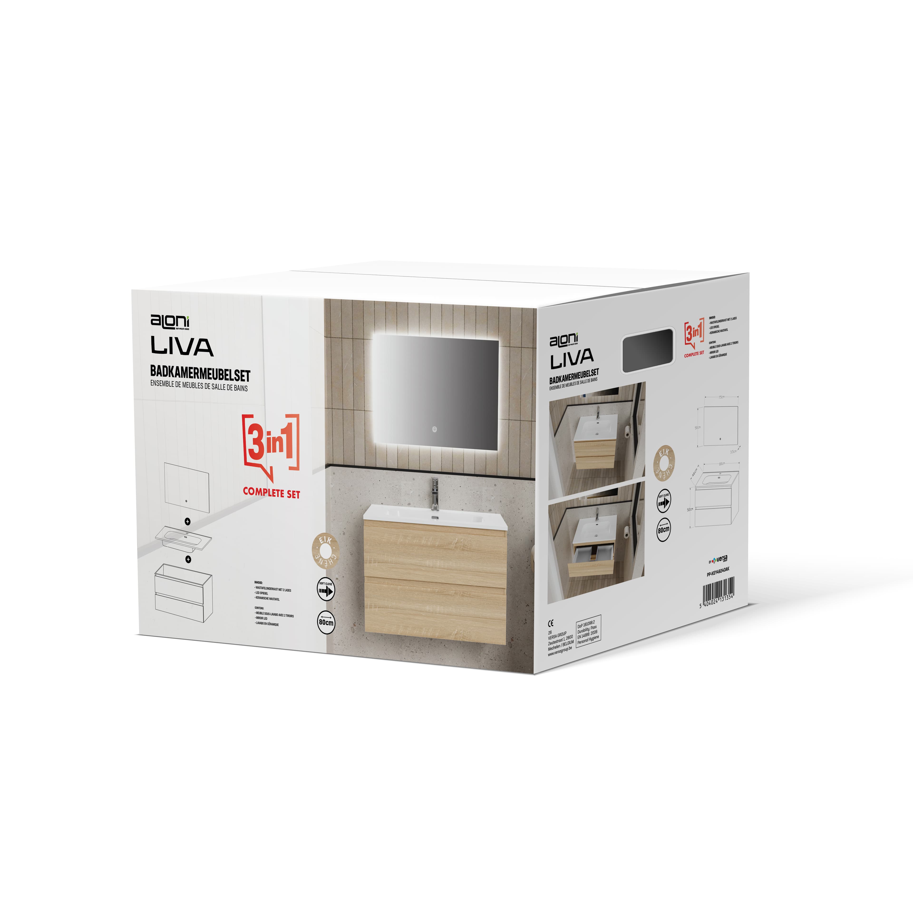 ALONI LIVA ENSEMBLE DE MEUBLE DE SALLE DE BAIN COMPLET – AVEC MEUBLE SOUS-VASQUE – AVEC VASQUE – AVEC MIROIR LED – 80 CM – CHÊNE