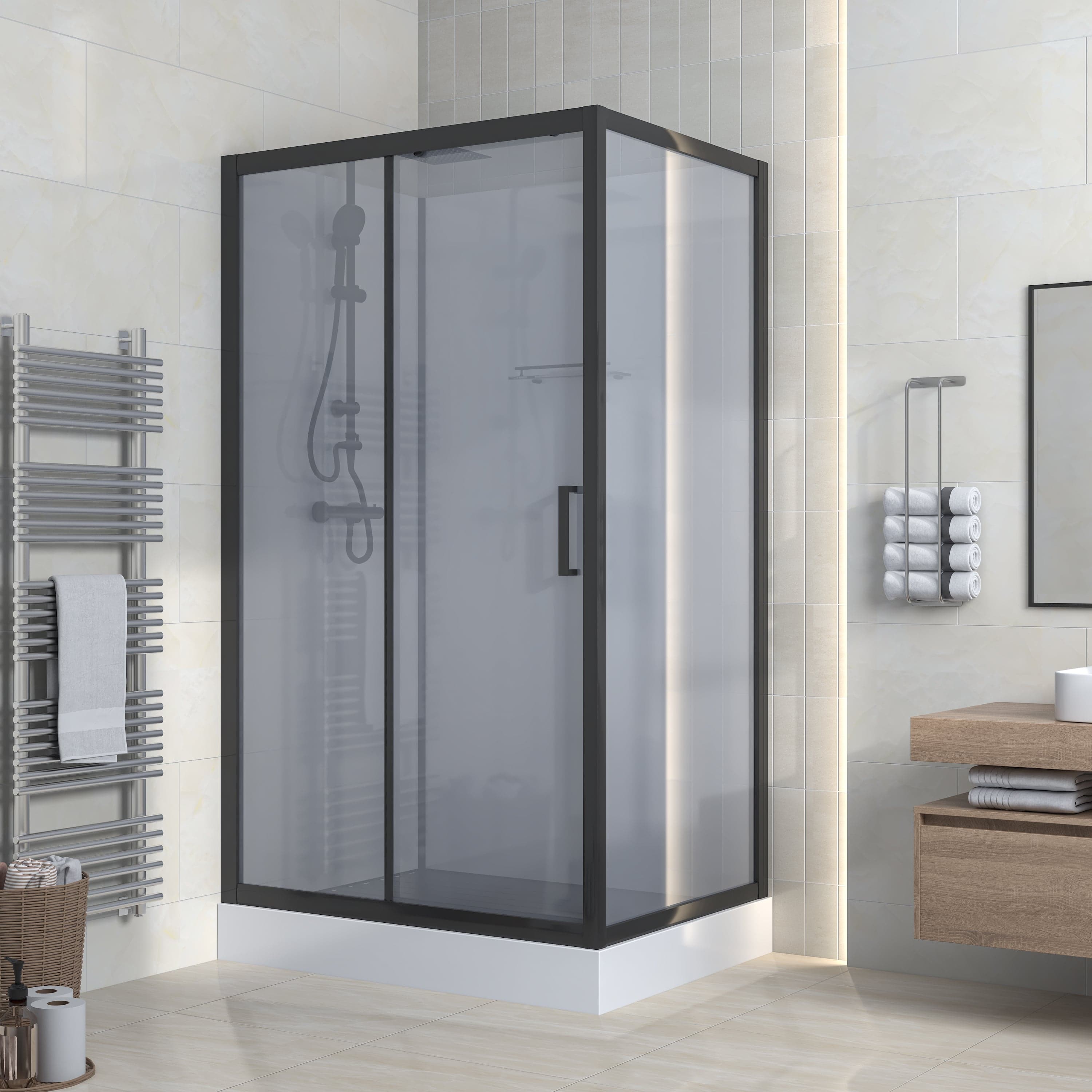 Marani cabine de douche complète avec porte coulissante - réversible - 120X225X90 cm - Noir mat - verre fumé Gris