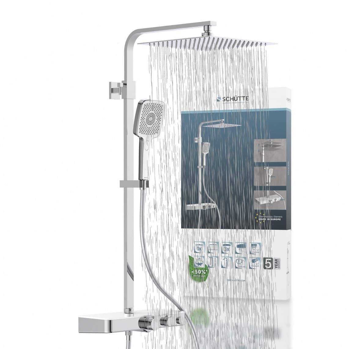 60530 OCEAN Set douche de pluie avec Mitigeur thermostatique, chromé/blanc, avec tablette