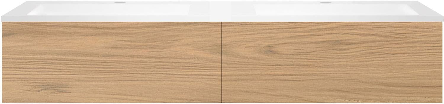 SOUS MEUBLE COFFEE 2 TIROIRS 160 CHENE CLASSIQUE +DOUBLE LAVABO EN MARBRE SYNTHETIQUE BLANC MAT
