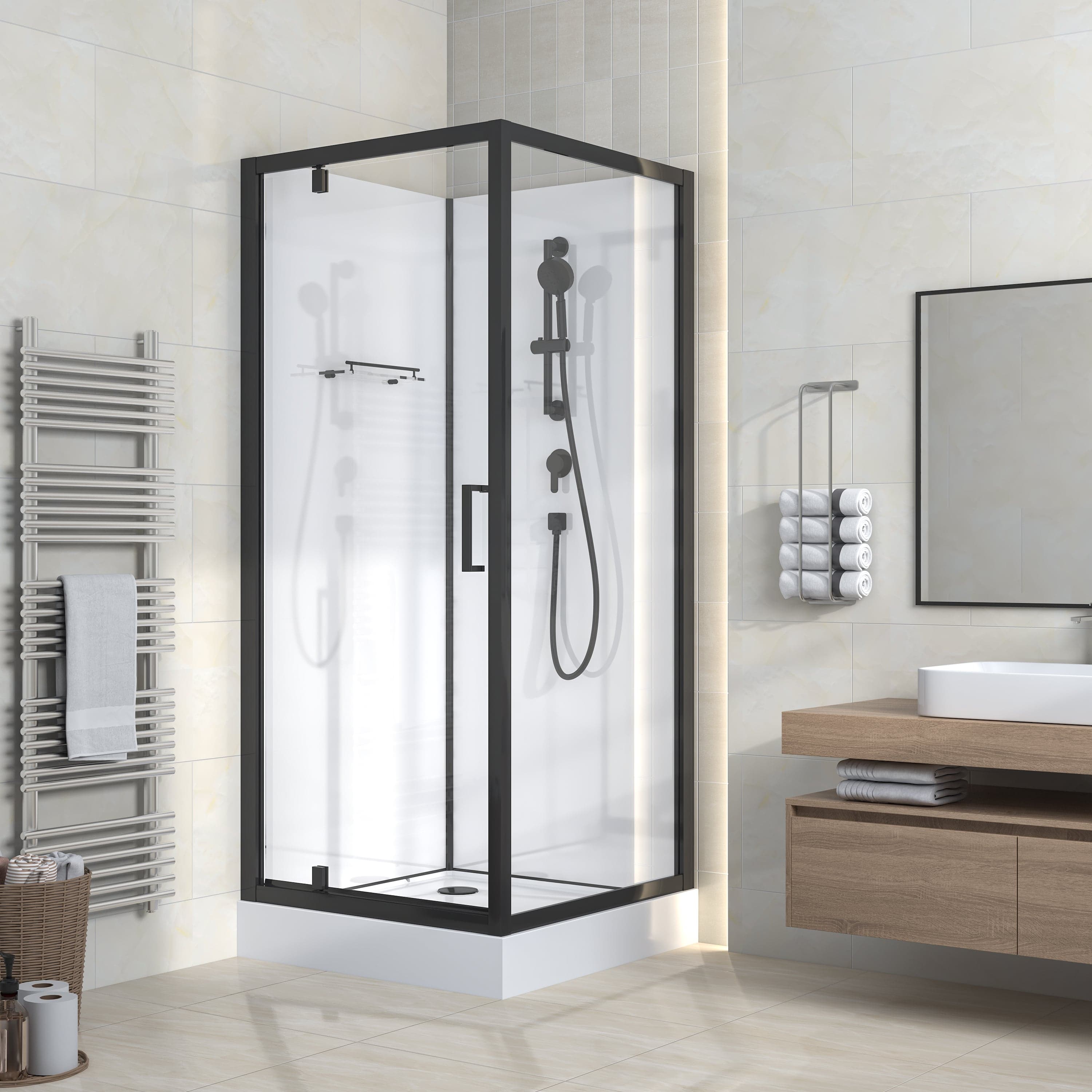 Rimo cabine de douche complète avec porte pivotante - réversible - 90X215X90 cm - Noir mat - verre clair