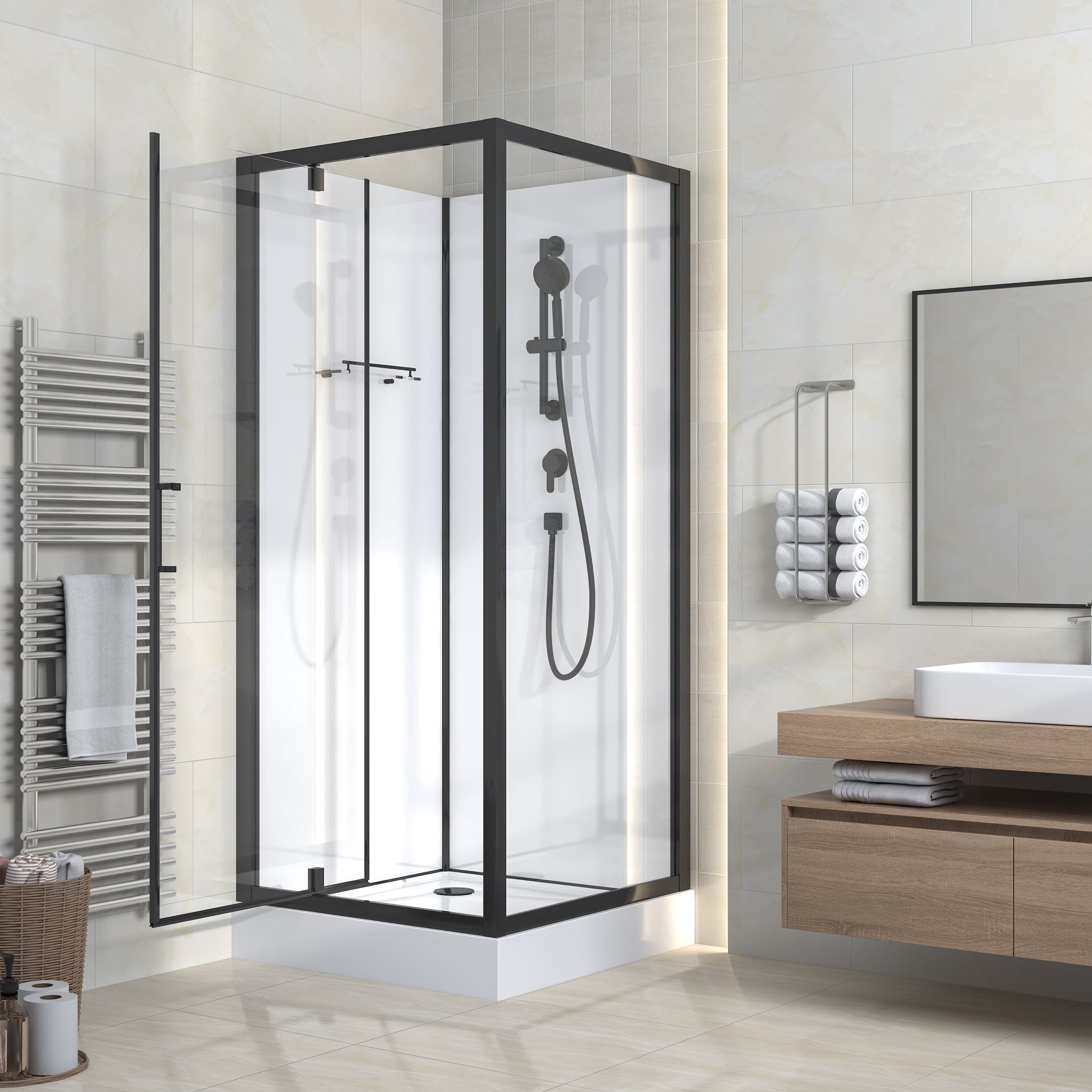 Rimo cabine de douche complète avec porte pivotante - réversible - 90X215X90 cm - Noir mat - verre clair