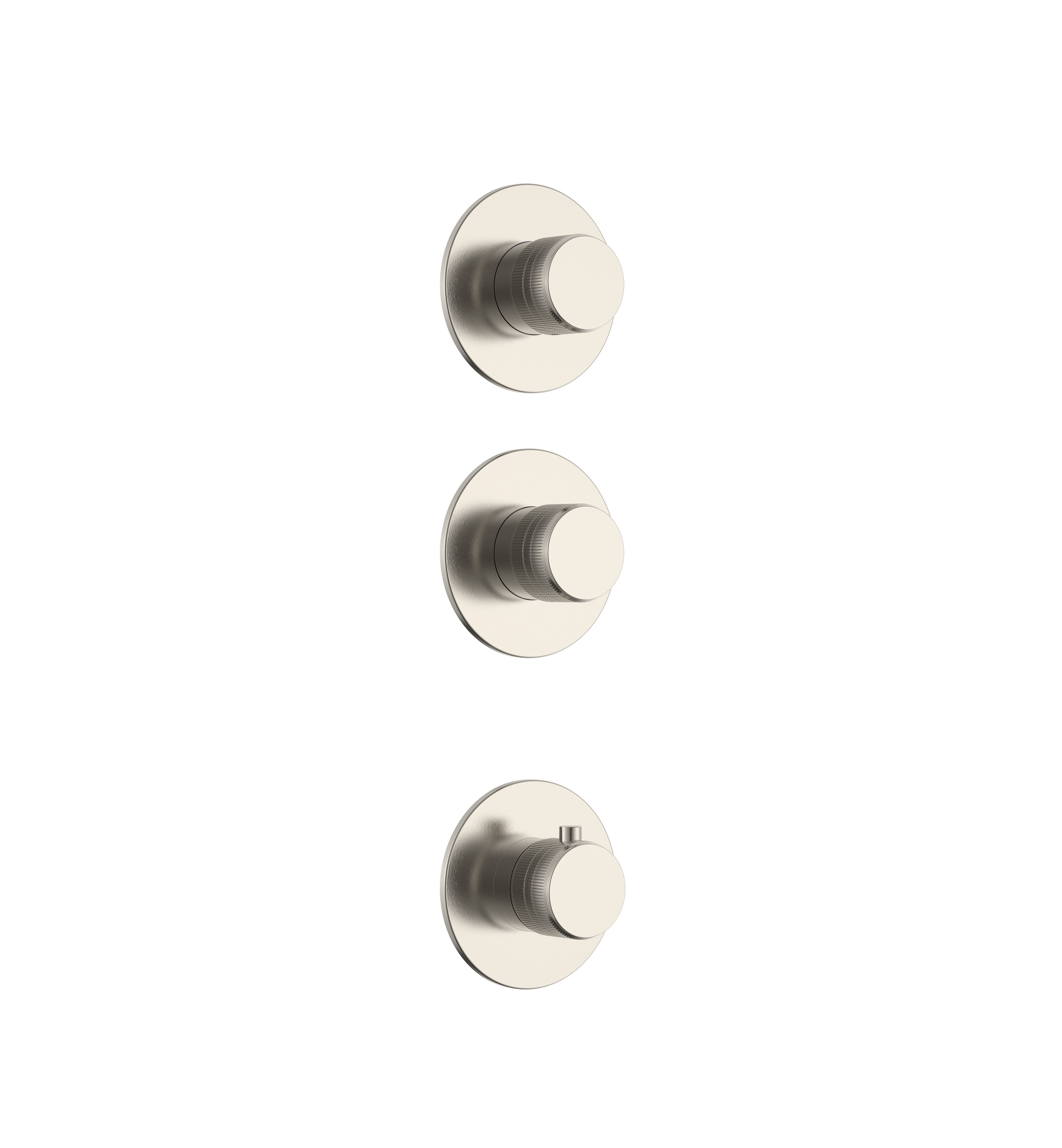 STRIA ÉLÉMENT DE FINITION POUR MITIGEUR DE DOUCHE – 2 VOIES AVEC 2 ROBINETS D’ARRÊT – THERMOSTATIQUE – ENCASTRÉ – RONDE – BOUTONS S AVEC STRUCTURE STRIÉE RAFFINÉE – ACIER INOX BROSSÉ