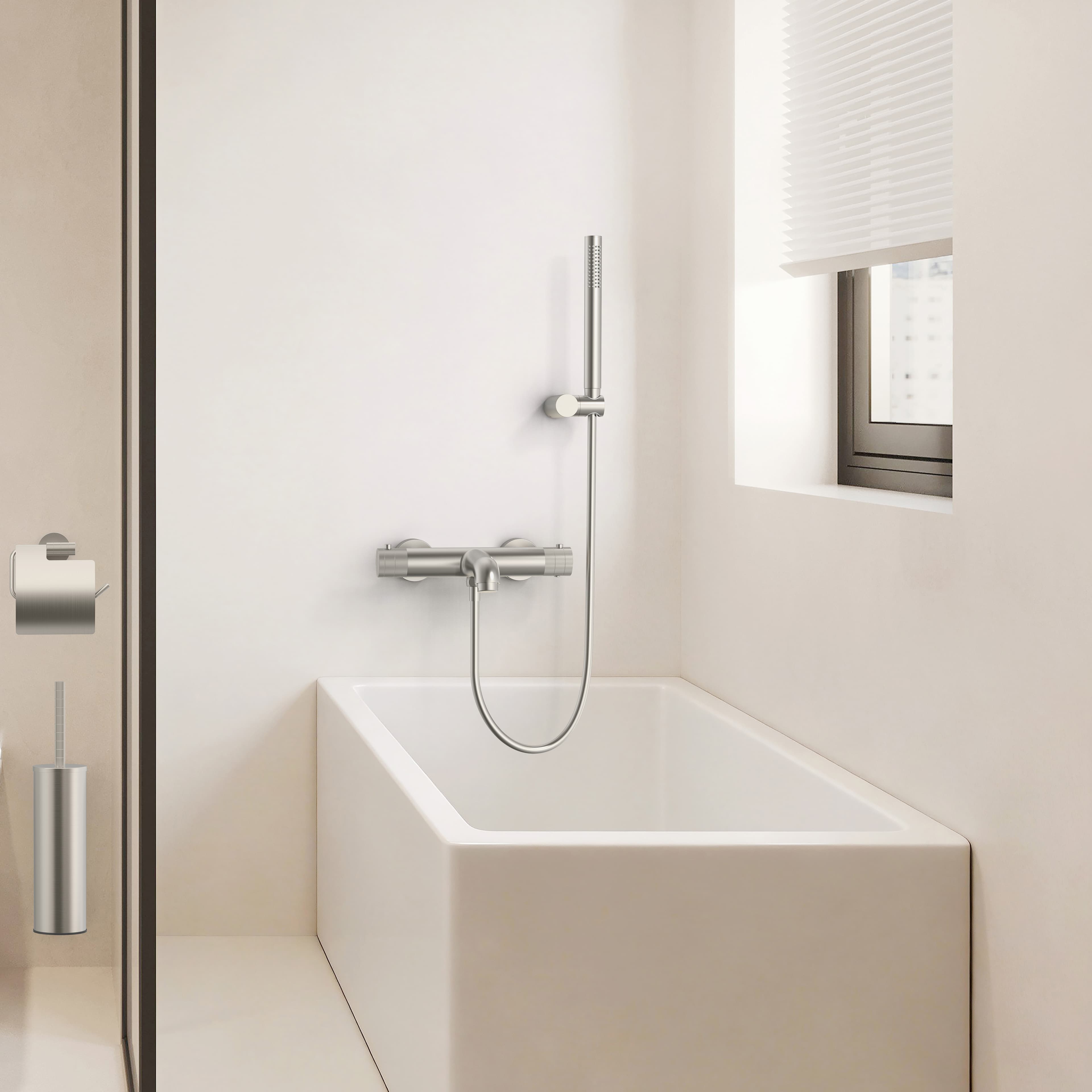 STRIA thermostatic bath mixer – wall‑mount – buttons with striated finish – BELGAQUA – brushed stainless steel