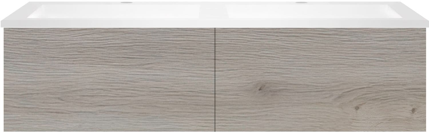 SOUS MEUBLE COFFEE 2 TIROIRS 120 CHENE ARGENT +DOUBLE LAVABO EN MARBRE SYNTHETIQUE BLANC MAT