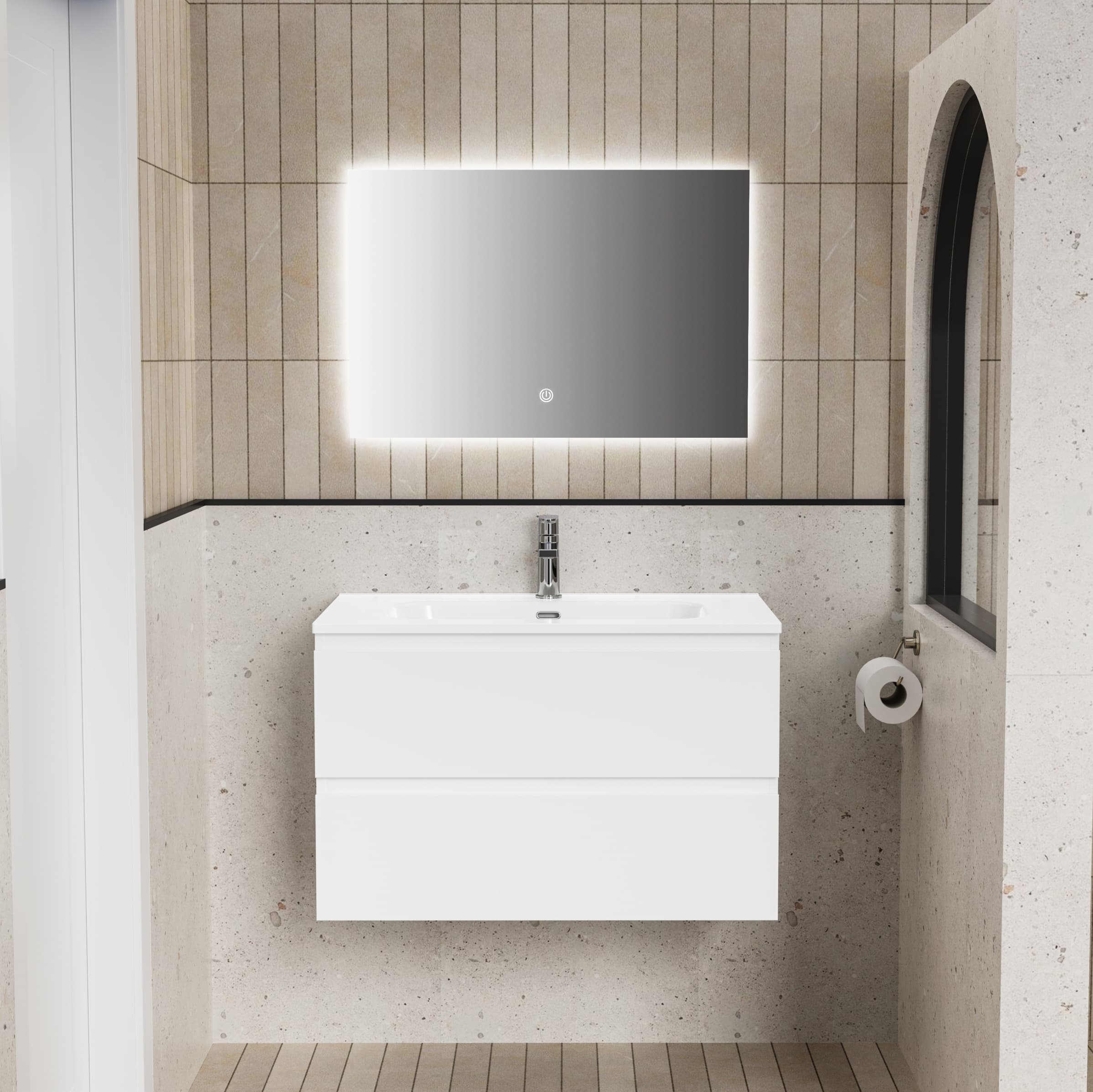 ALONI liva ensemble de Meuble de salle de bain complet – avec Meuble sous-vasque – avec Vasque – avec miroir Led – 80 cm – blanc brillant