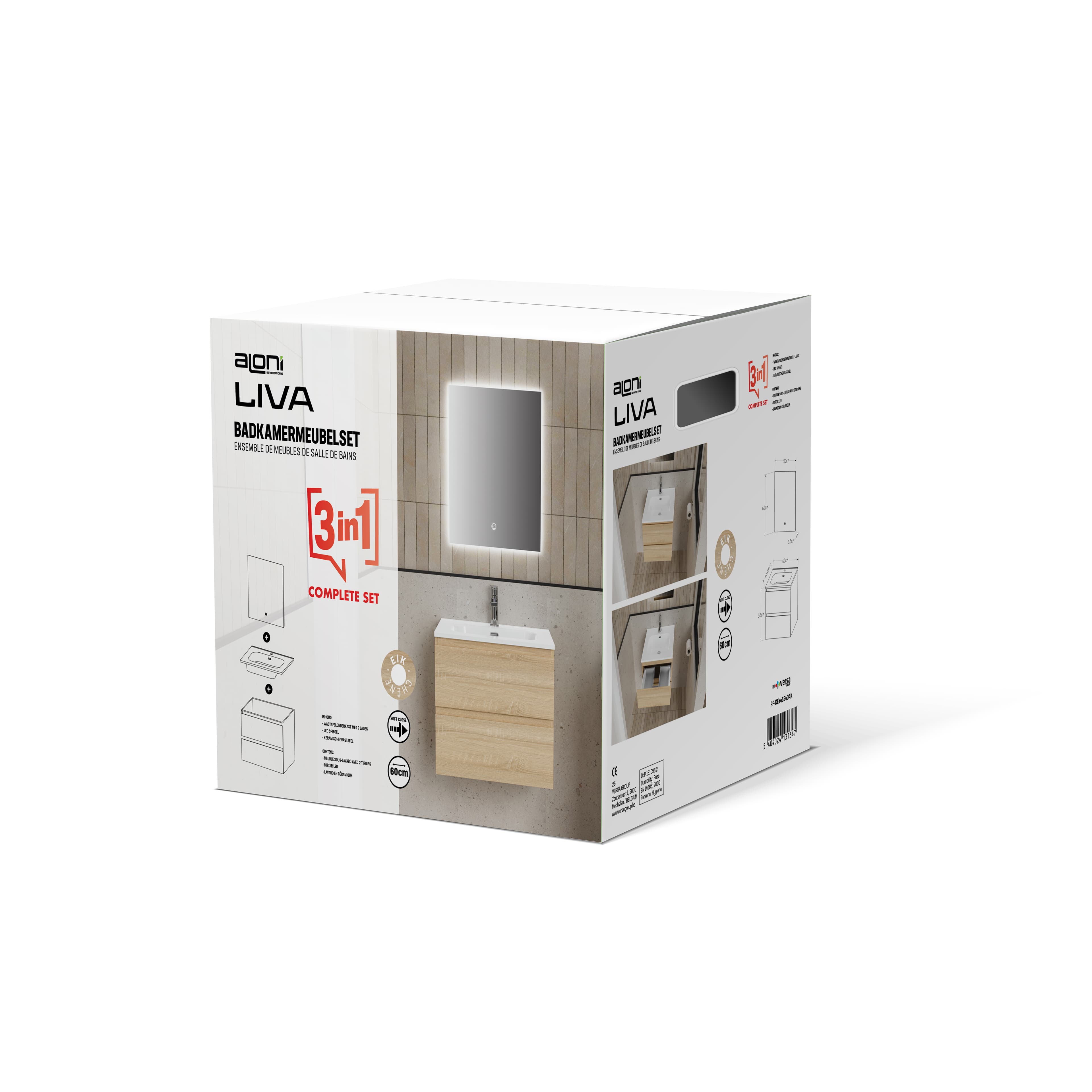ALONI LIVA ENSEMBLE DE MEUBLE DE SALLE DE BAIN COMPLET – AVEC MEUBLE SOUS-VASQUE – AVEC VASQUE – AVEC MIROIR LED – 60 CM – CHÊNE