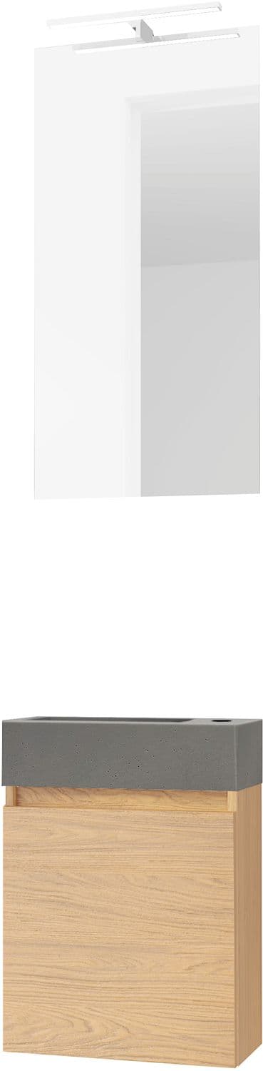 LAVE-MAINS FORM MINI BETON/ 1 PORT/MIROIR/LUMIERE LED CHENE BRONZE