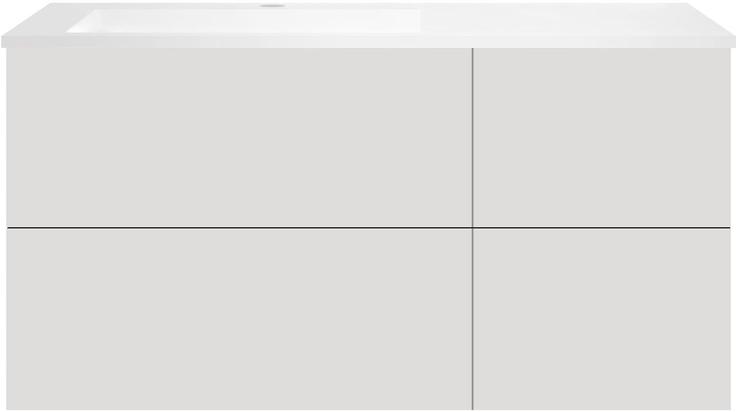 SOUS MEUBLE COFFEE 4 TIROIRS 120 GRIS VELOURS MAT+LAVABO GAUCHE EN MARBRE SYNTHETIQUE BLANC MAT