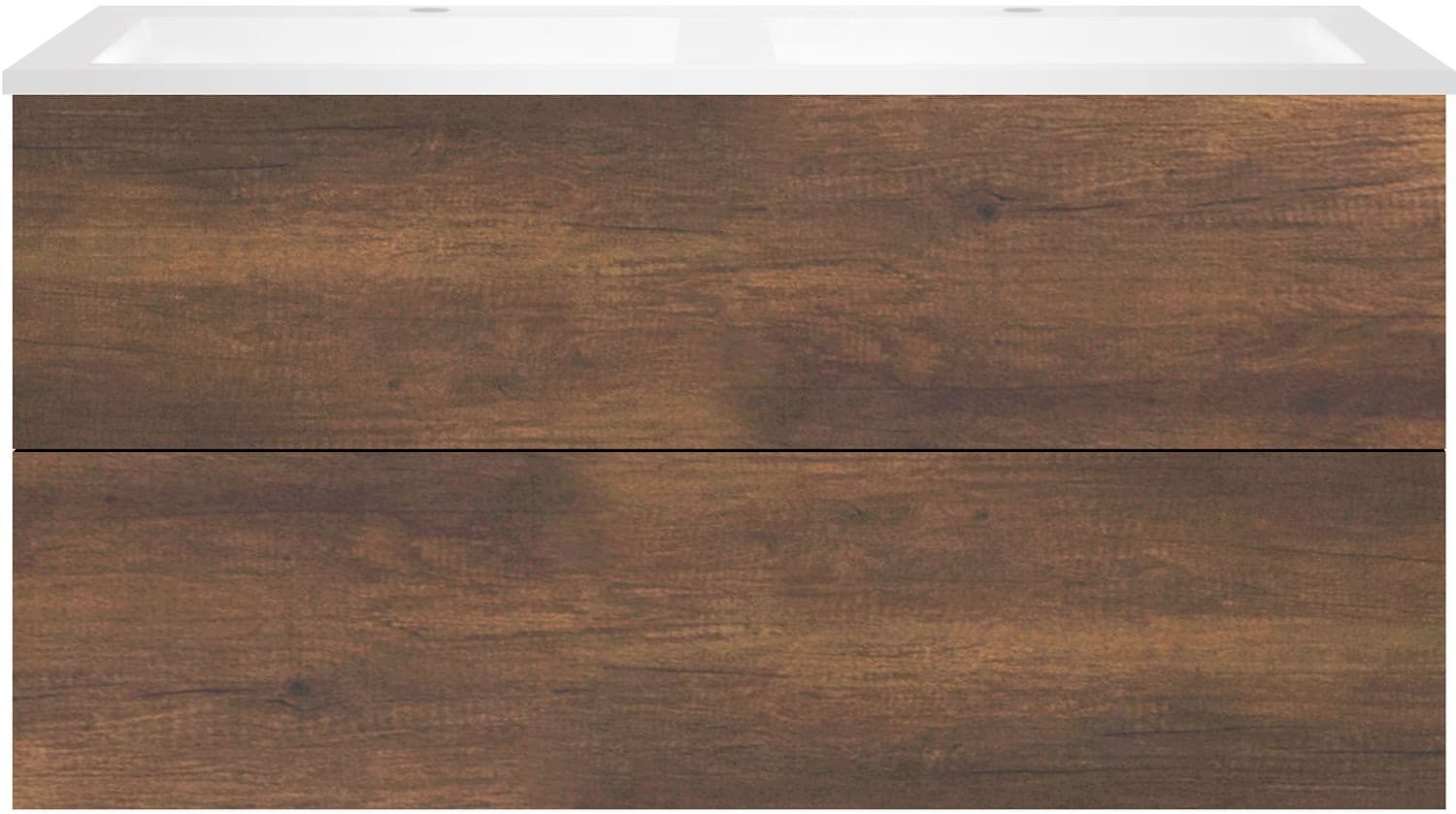 SOUS MEUBLE COFFEE 2 TIROIR 120 DUO CHENE ROUILLE + LAVABO DOUBLE EN MARBRE SYNTHETIQUE BLANC