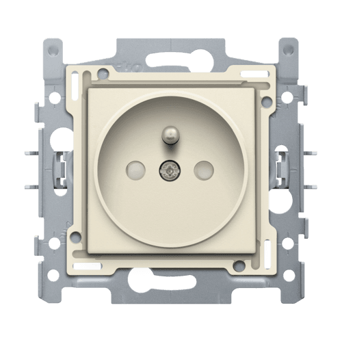 Prise de courant avec broche de terre et obturateurs de protection, profondeur d’encastrement de 21 mm, socle, bornes à vis et set de finition, , fixation par griffes, couleur cream