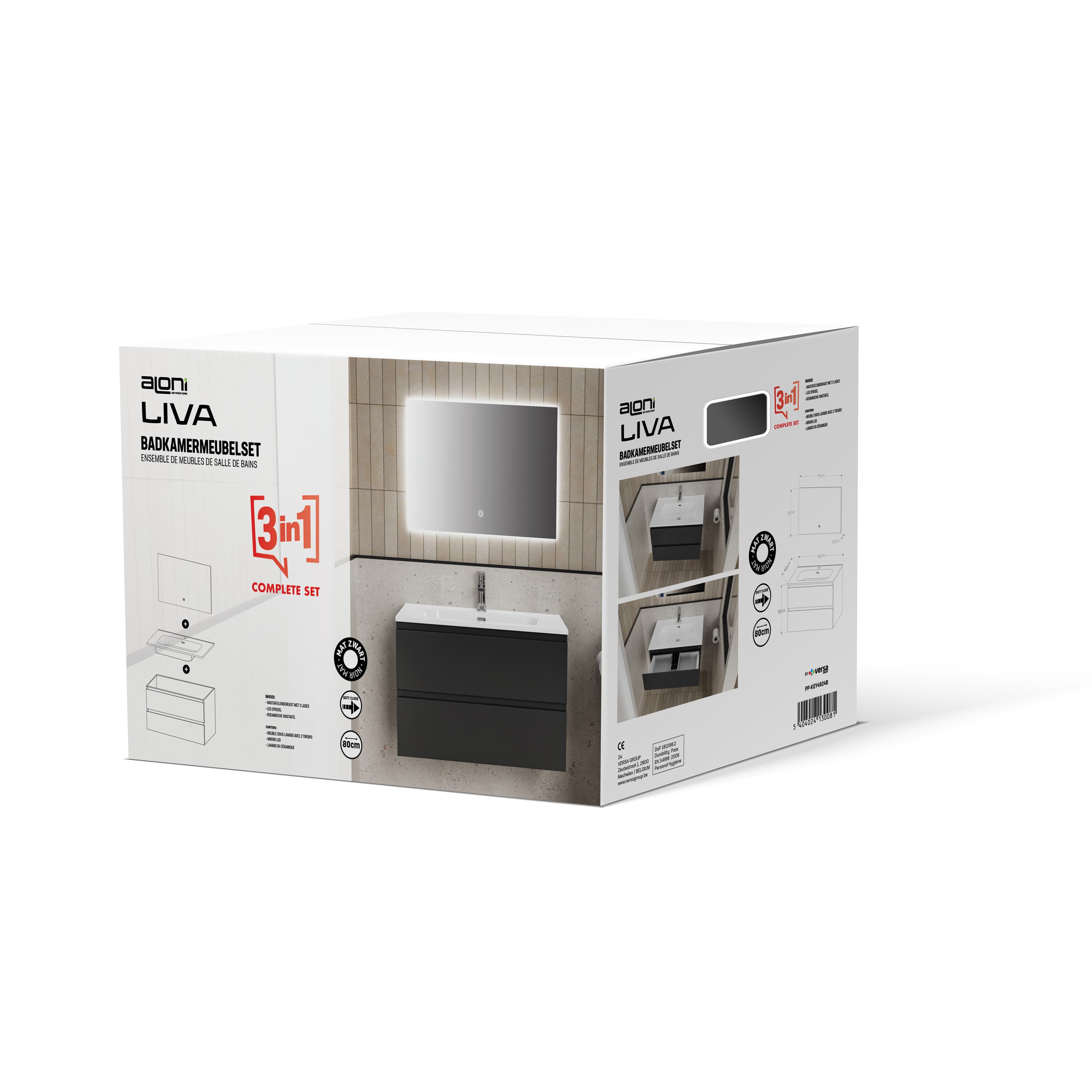 ALONI LIVA ENSEMBLE DE MEUBLE DE SALLE DE BAIN COMPLET – AVEC MEUBLE SOUS-VASQUE – AVEC VASQUE – AVEC MIROIR LED – 80 CM – NOIR MAT