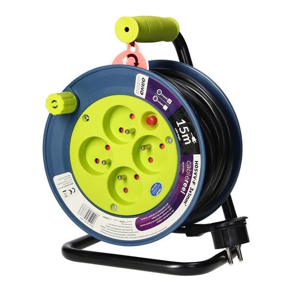 Cable reel, Lime. power supply: 4 x 250Vac; maximum load: 2500W; 15m cable, Lime