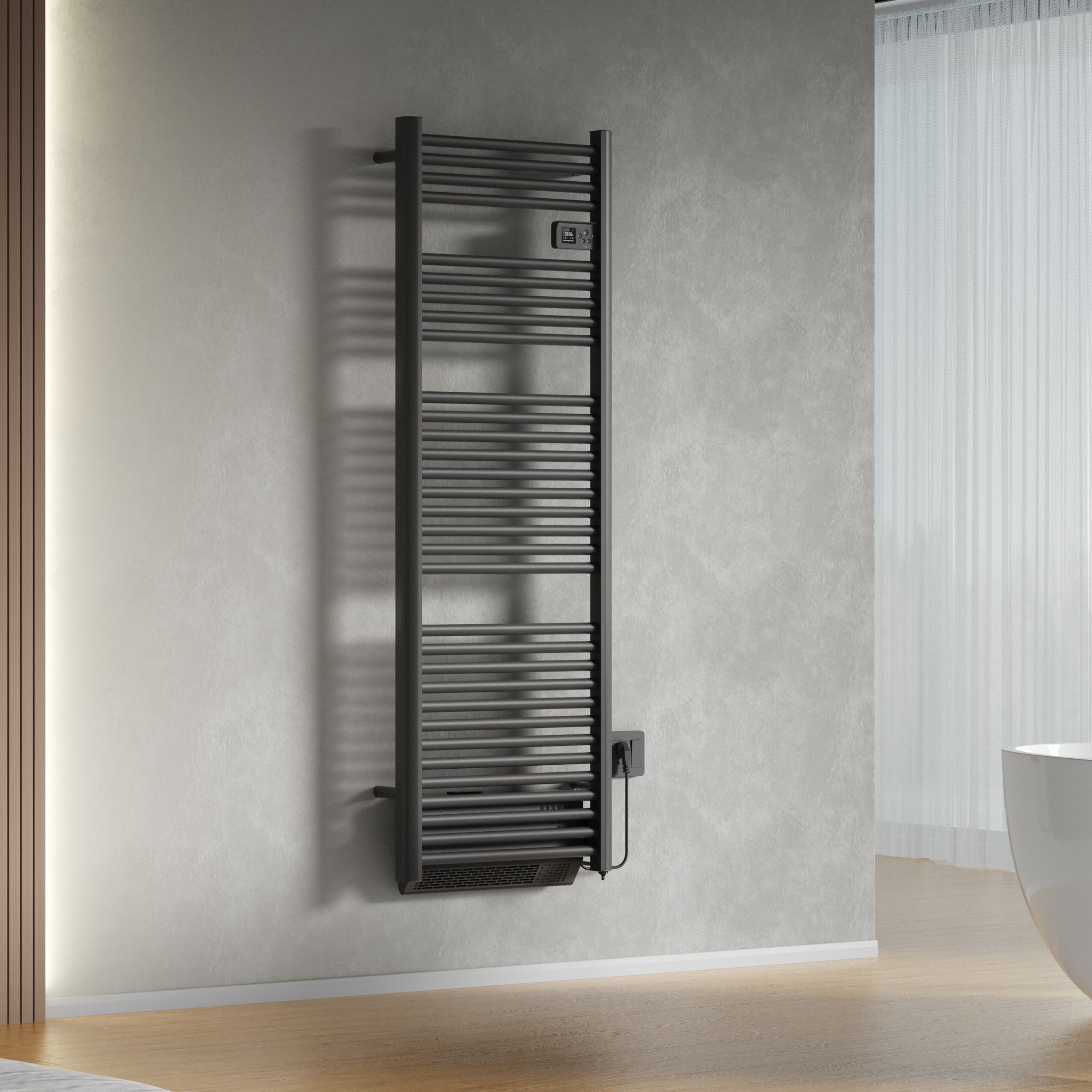 BELRAD SÈCHE-SERVIETTES ÉLECTRIQUE AVEC SOUFFLEUR – AVEC THERMOSTAT NUMÉRIQUE PROGRAMMABLE – SMART WIFI - 1850W – 1640X540X133 MM – NOIR MAT
