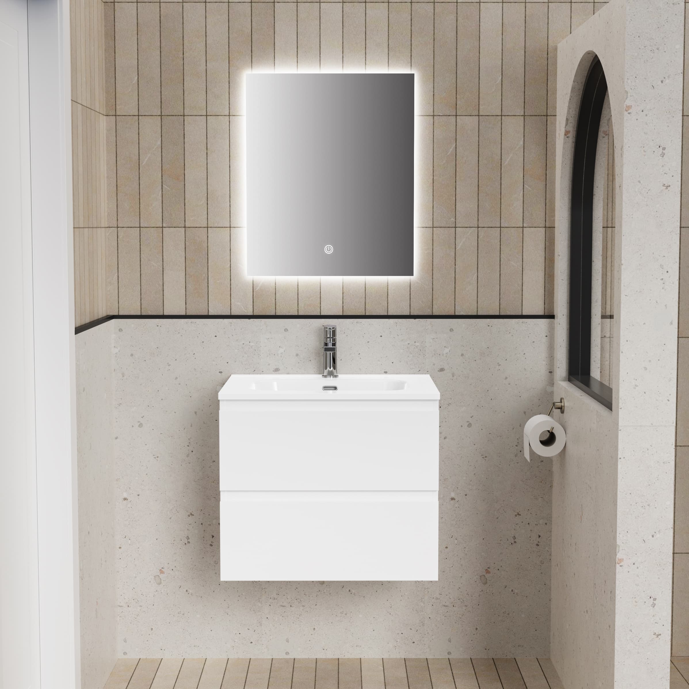 ALONI liva ensemble de Meuble de salle de bain complet – avec Meuble sous-vasque – avec Vasque – avec miroir Led – 60 cm – blanc brillant