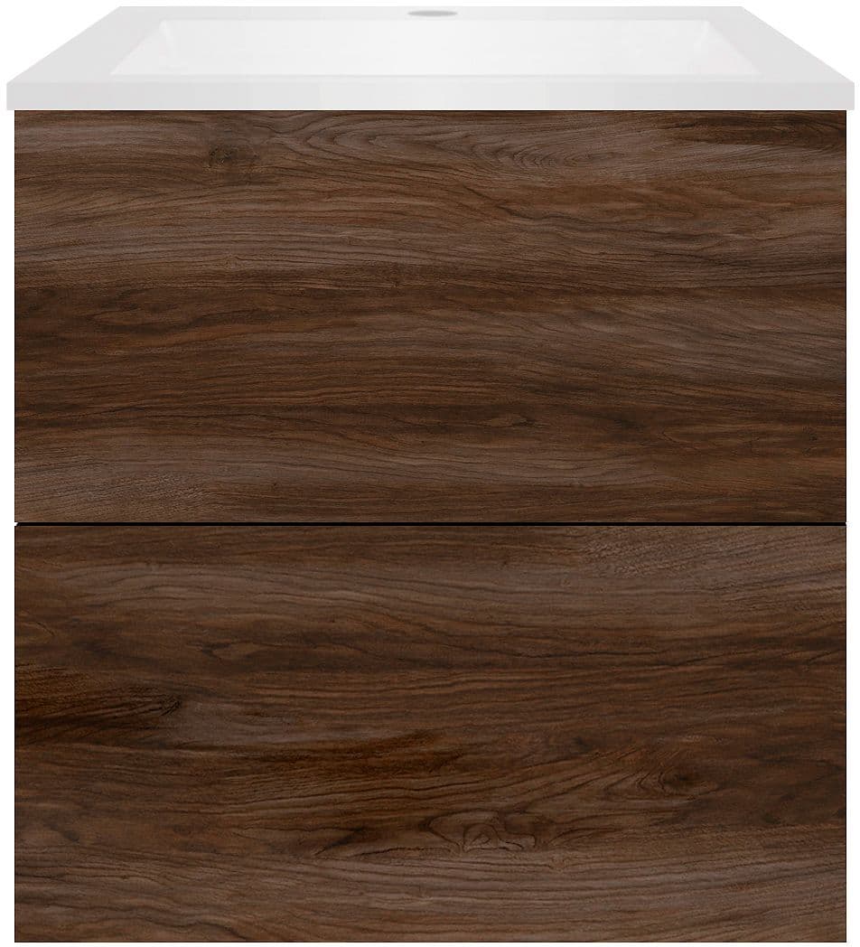 SOUS MEUBLE COFFEE 2 TIROIRS 60 NOYER VELOURS+LAVABO EN MARBRE SYNTHETIQUE BLANC MAT