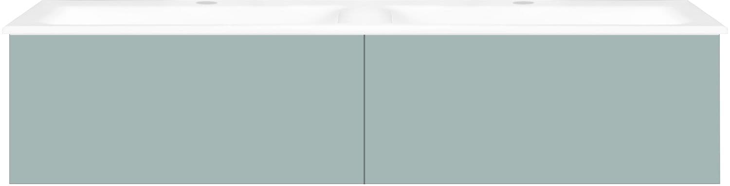 SOUS MEUBLE COFFEE 2 TIROIRS 140 DUO BLEU AZUR DOUX MAT +DOUBLE LAVABO PORCELAINE BLANC