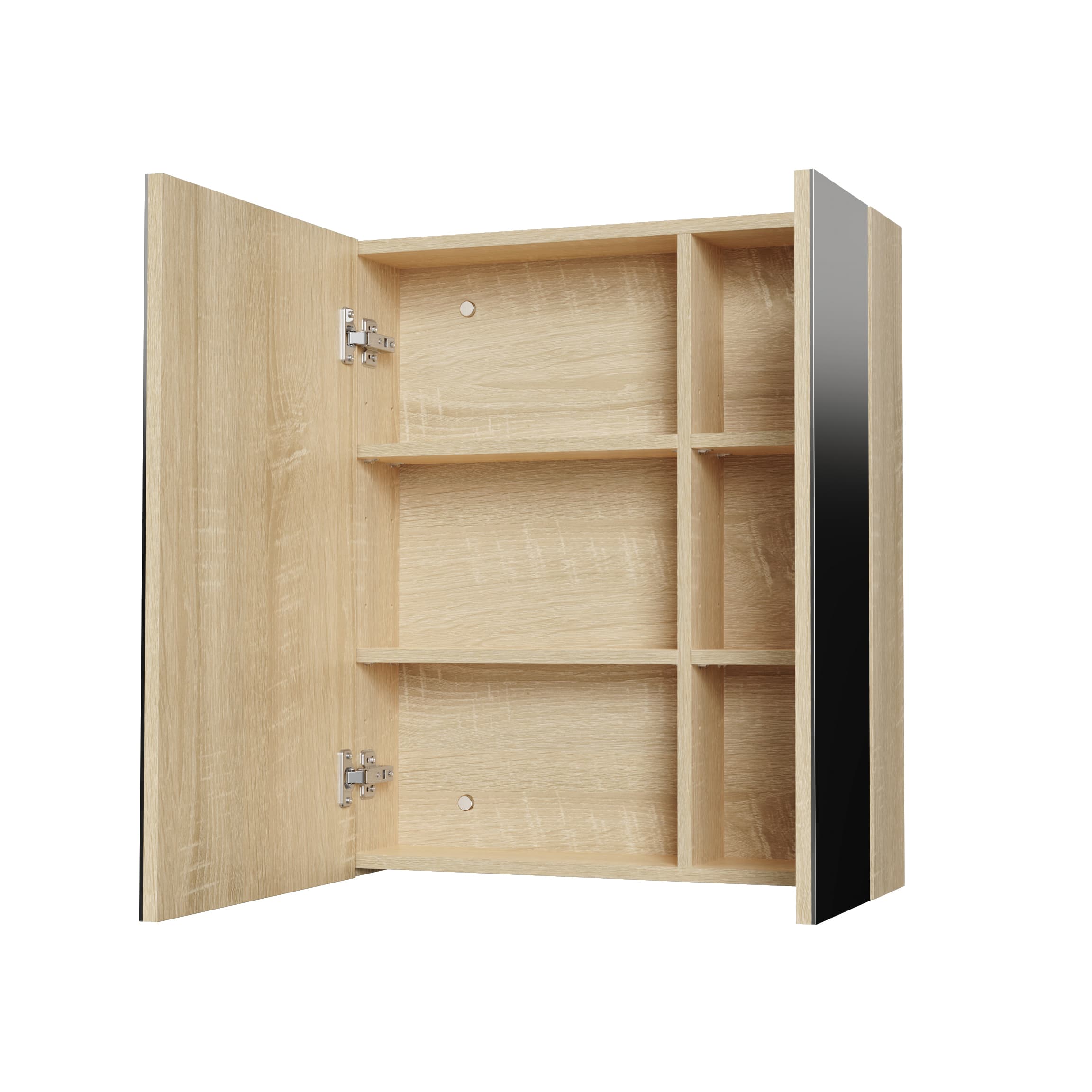 Hayat Armoire miroir - 2 portes miroirs asymétriques, à un seul côté - 4 étagères réglables en hauteur - 60X70X15 cm - chêne