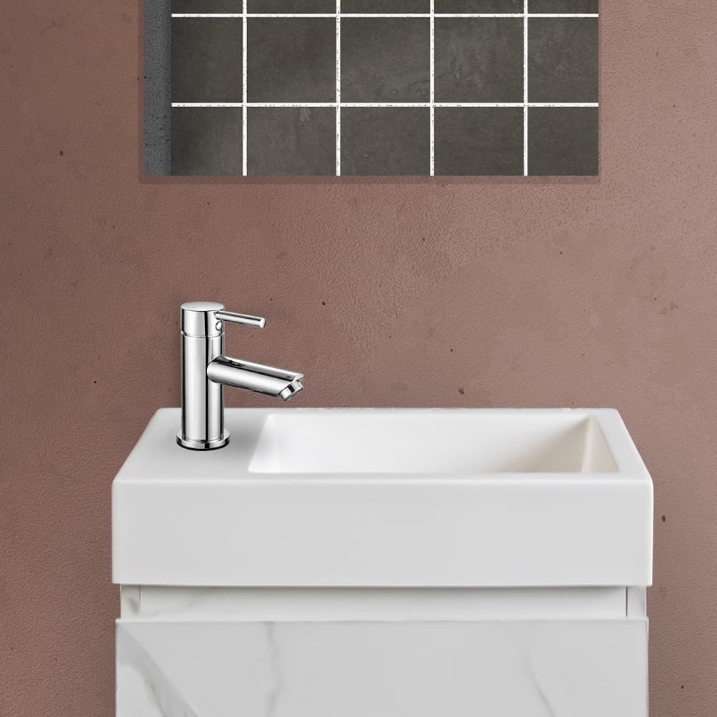 ALONI Lave-mains - sans trop-plein - trou robinet à gauche ou à droite - marbre composite - 40X10,5X22,5CM - blanc brillant
