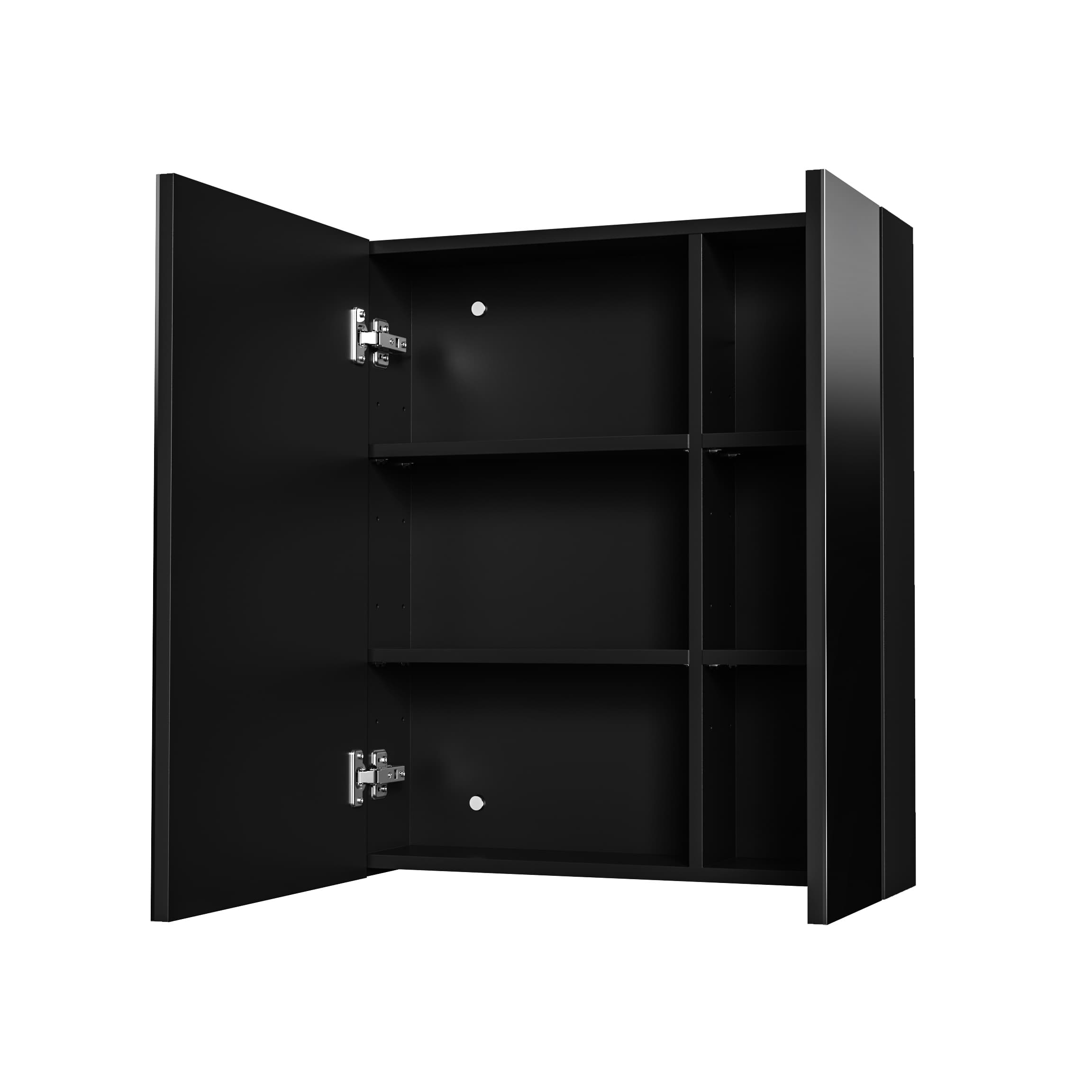 Hayat Armoire miroir - 2 portes miroirs asymétriques, à un seul côté - 4 étagères réglables en hauteur - 60X70X15 cm - Noir mat