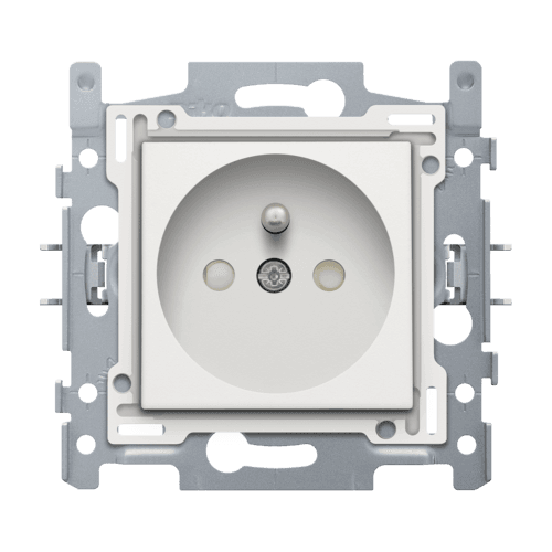 Prise de courant avec broche de terre et obturateurs de protection, profondeur d’encastrement de 28,5 mm, socle avec bornes à connexion rapide et set de finition, fixation par griffes, couleur white