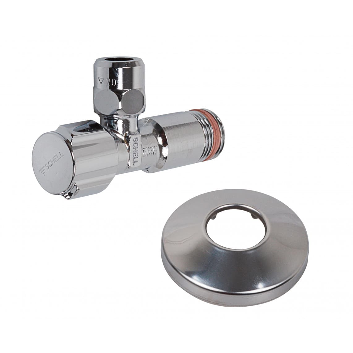 49170699 SCHELL robinet d'équerre, 1/2" M x 3/8" x 10 mmQ, avec Rosace de tiroir, auto-étanche